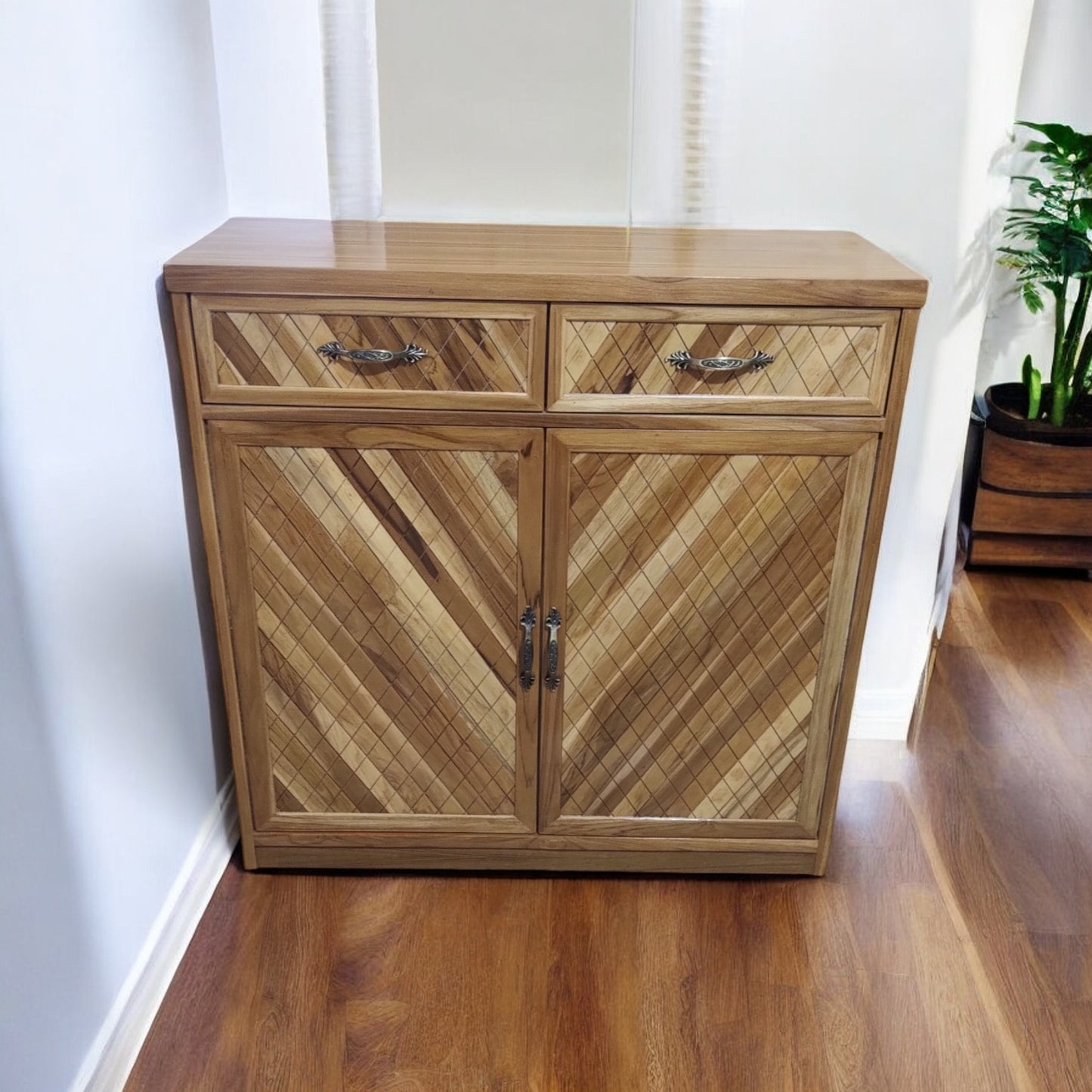 teak wood and playwood enterway storage cabinet with teak vineer solid wood shoe rack  ( LIGHT WALNUT , 4 SHELVES , pre-assembled )