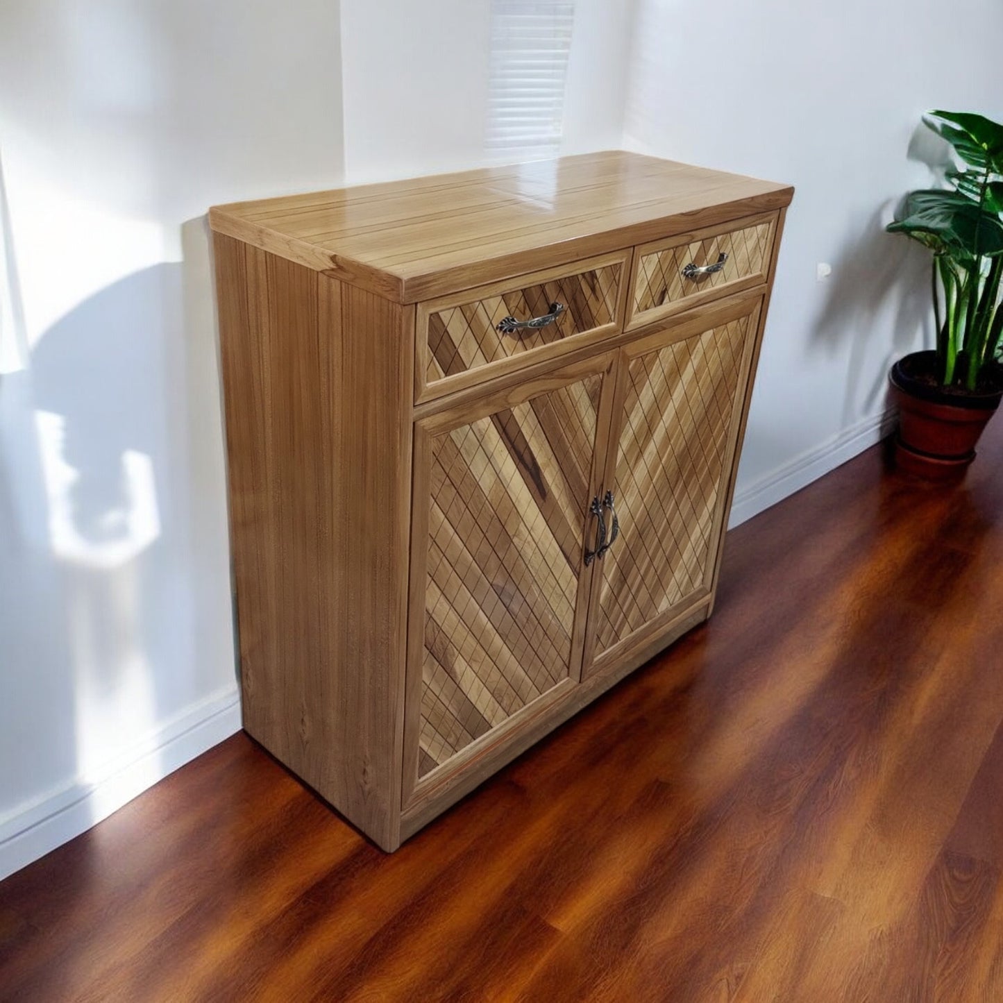 teak wood and playwood enterway storage cabinet with teak vineer solid wood shoe rack  ( LIGHT WALNUT , 4 SHELVES , pre-assembled )