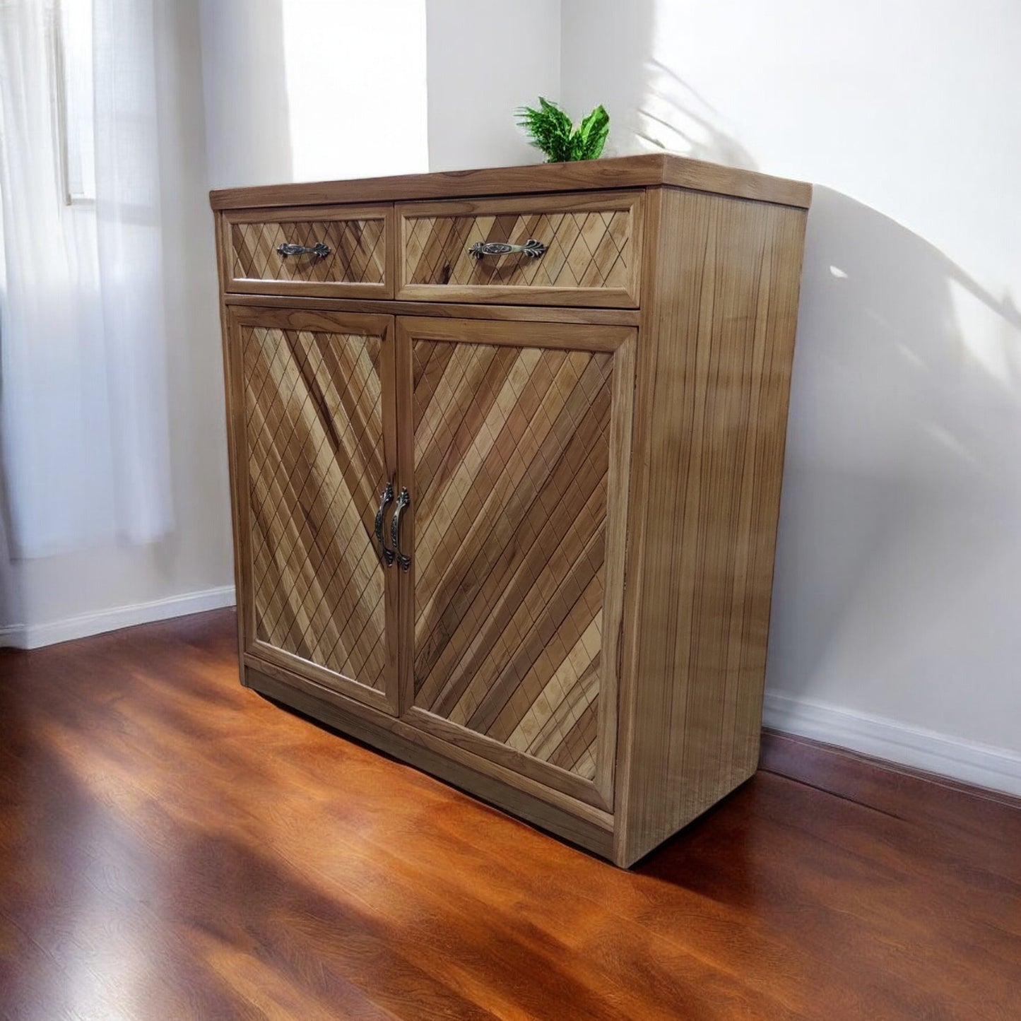 teak wood and playwood enterway storage cabinet with teak vineer solid wood shoe rack  ( LIGHT WALNUT , 4 SHELVES , pre-assembled )