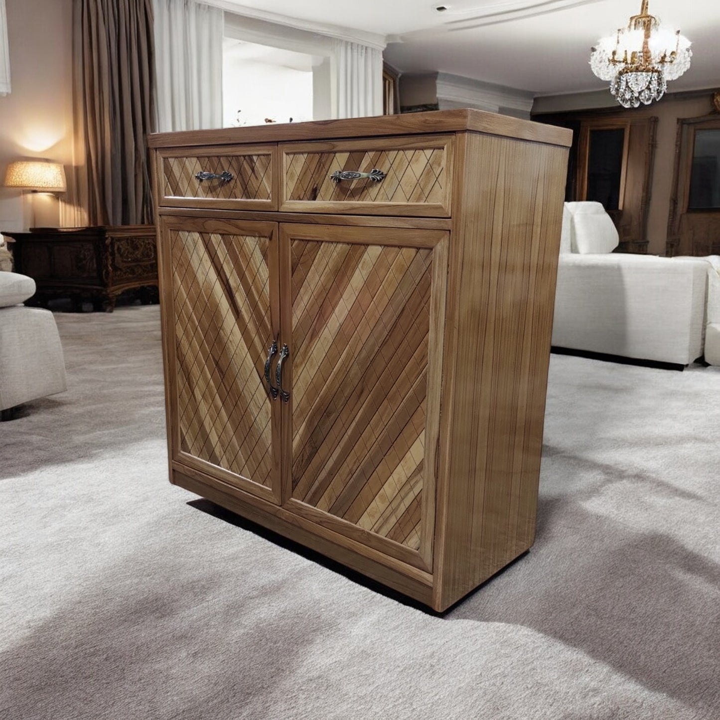 teak wood and playwood enterway storage cabinet with teak vineer solid wood shoe rack  ( LIGHT WALNUT , 4 SHELVES , pre-assembled )