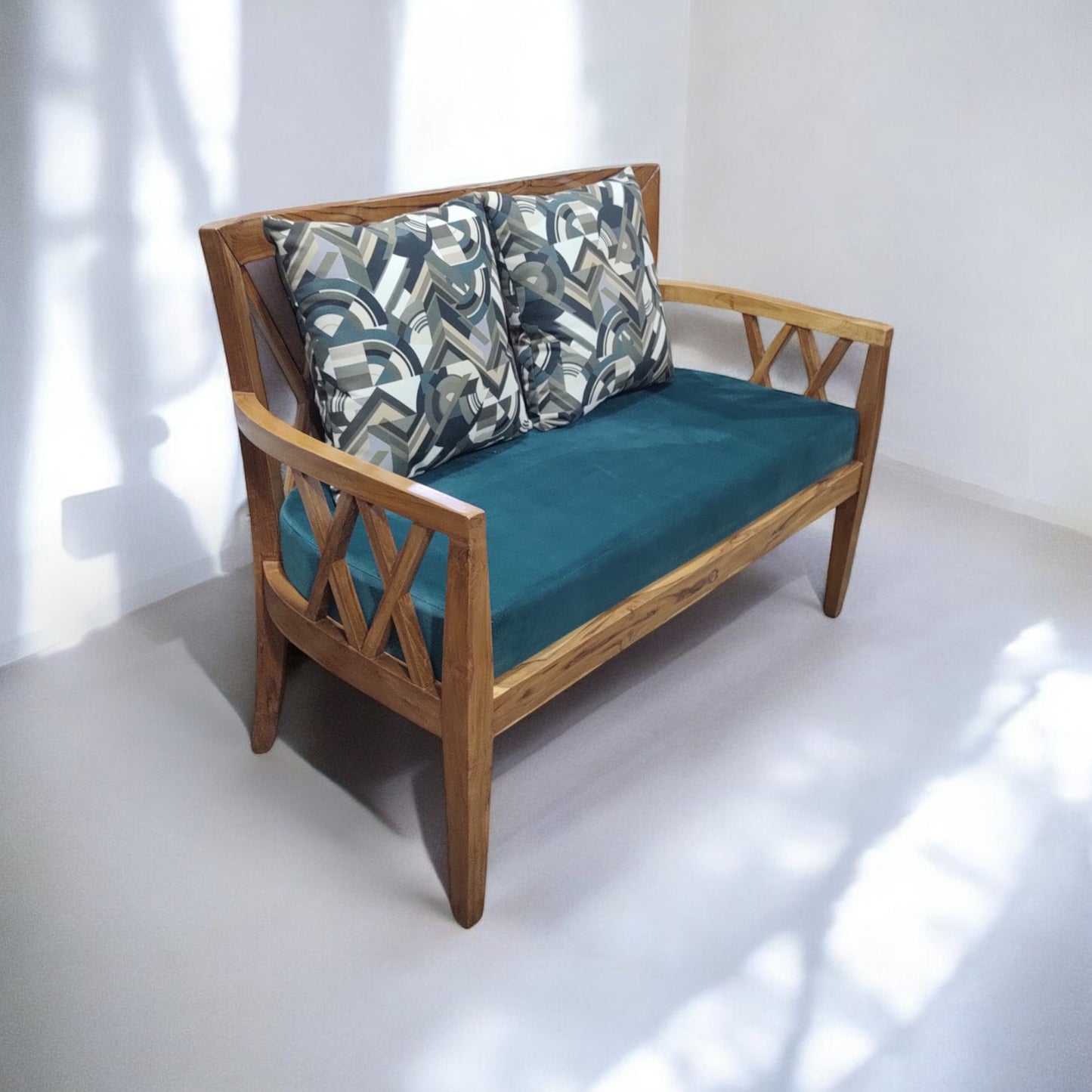 Lumber Casa Wooden Sofa Loveseat with Teal Cushion, Cross-Back Design, 44x22x33 Inch