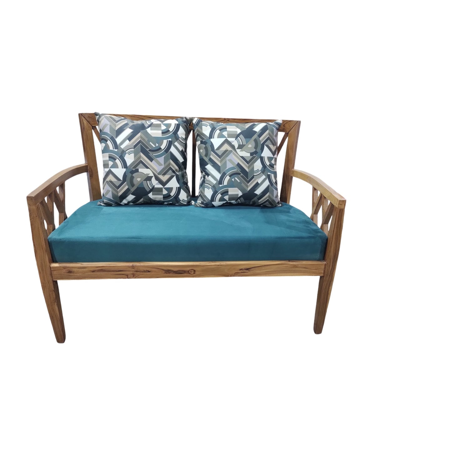 Lumber Casa Wooden Sofa Loveseat with Teal Cushion, Cross-Back Design, 44x22x33 Inch