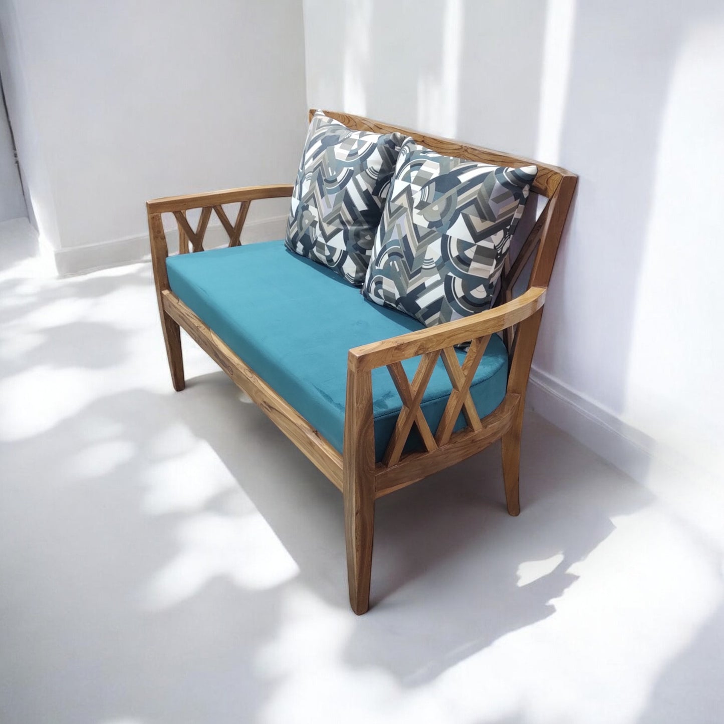 Lumber Casa Wooden Sofa Loveseat with Teal Cushion, Cross-Back Design, 44x22x33 Inch