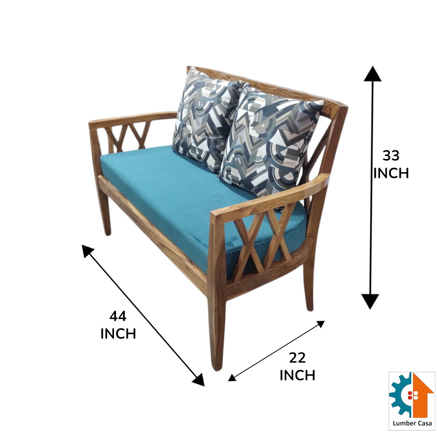 Lumber Casa Wooden Sofa Loveseat with Teal Cushion, Cross-Back Design, 44x22x33 Inch