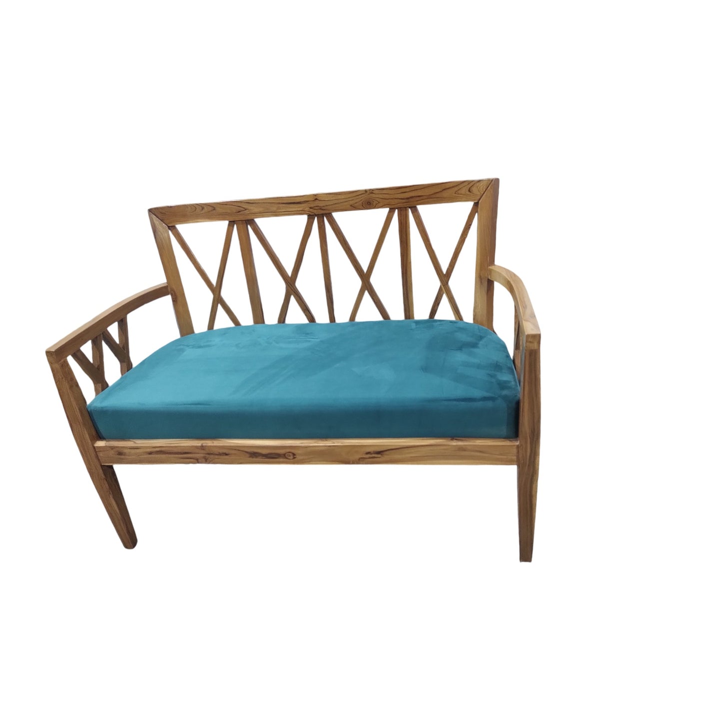 Lumber Casa Wooden Sofa Loveseat with Teal Cushion, Cross-Back Design, 44x22x33 Inch