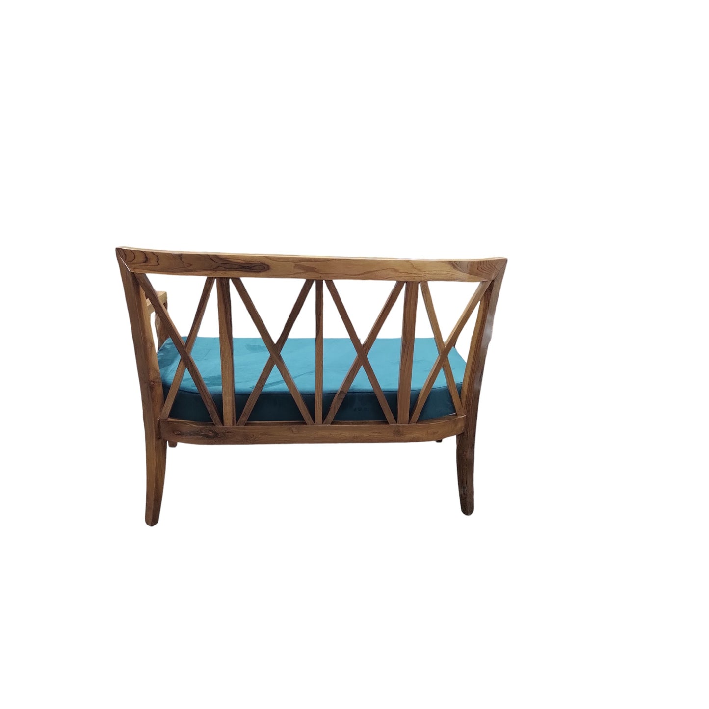 Lumber Casa Wooden Sofa Loveseat with Teal Cushion, Cross-Back Design, 44x22x33 Inch