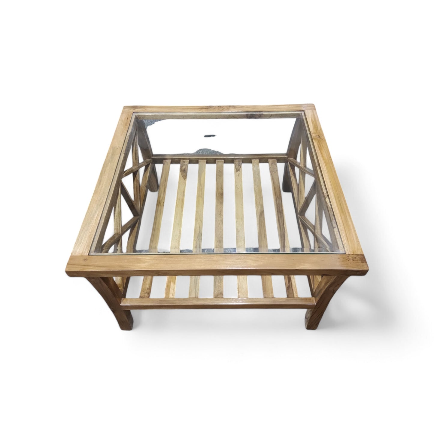 Teak wood coffee/centre table natural wood finish ,10mm glass coffee table (finish colour - teak natural (semi gloss)(pre-assembled)