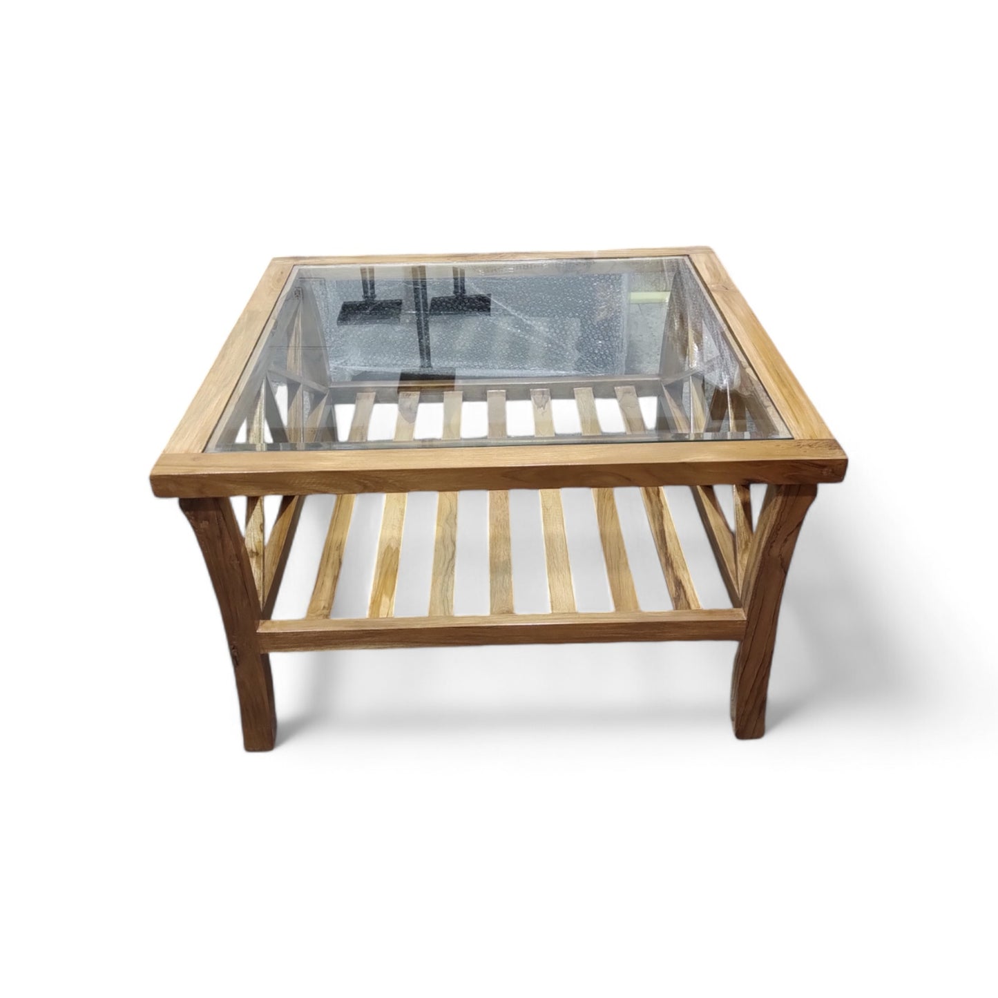 Teak wood coffee/centre table natural wood finish ,10mm glass coffee table (finish colour - teak natural (semi gloss)(pre-assembled)