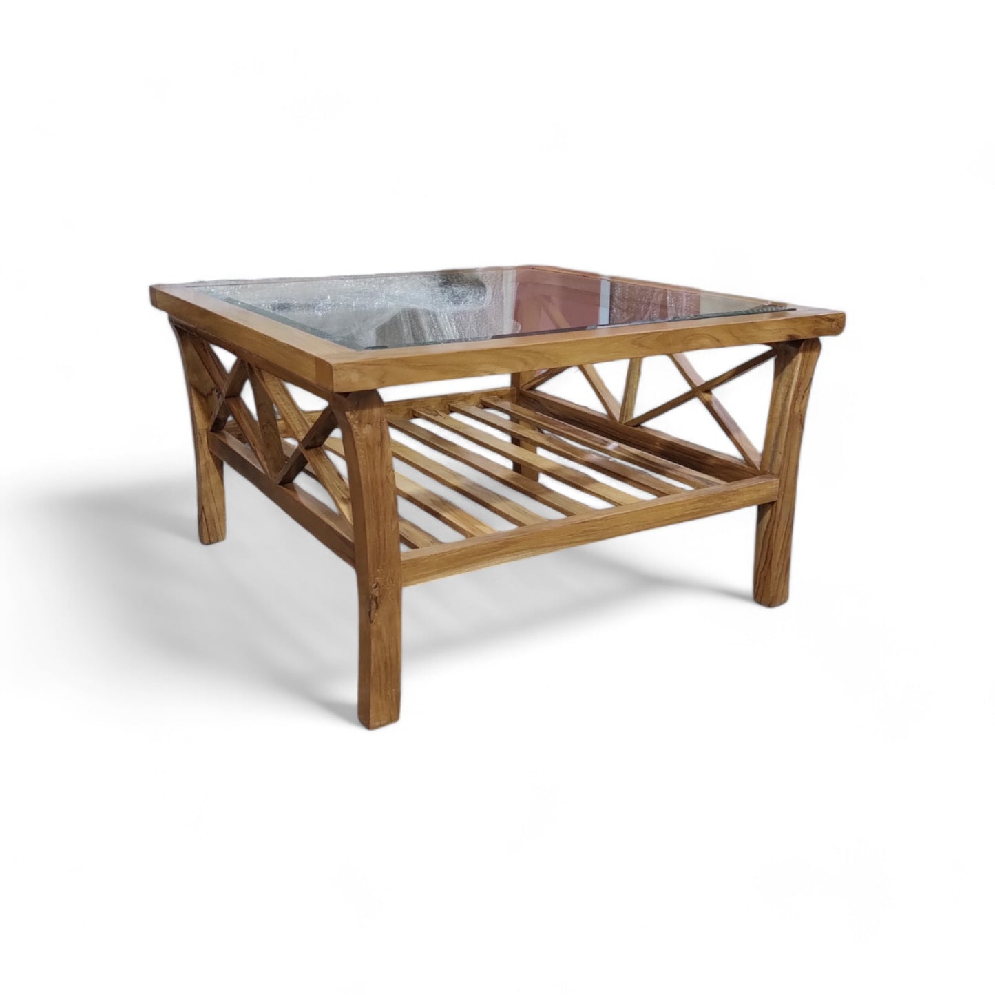 Teak wood coffee/centre table natural wood finish ,10mm glass coffee table (finish colour - teak natural (semi gloss)(pre-assembled)