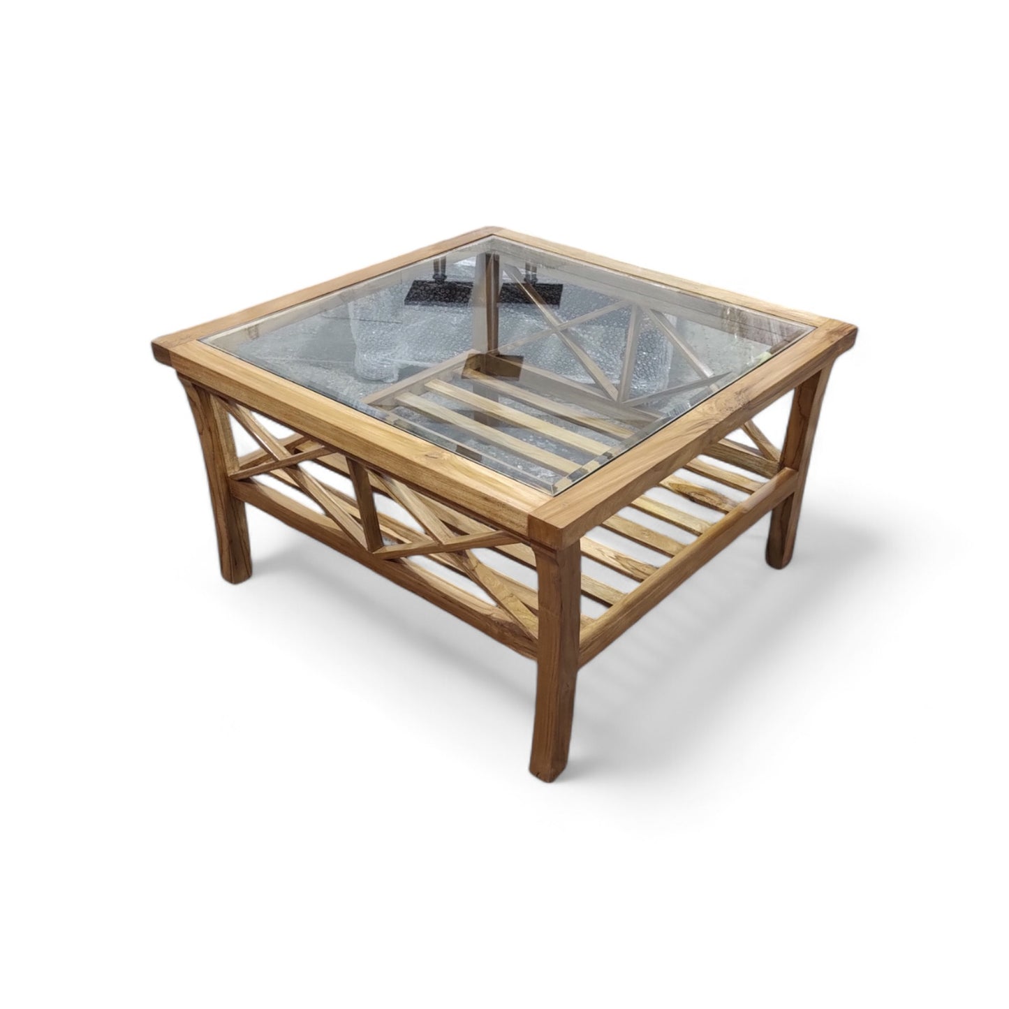 Teak wood coffee/centre table natural wood finish ,10mm glass coffee table (finish colour - teak natural (semi gloss)(pre-assembled)