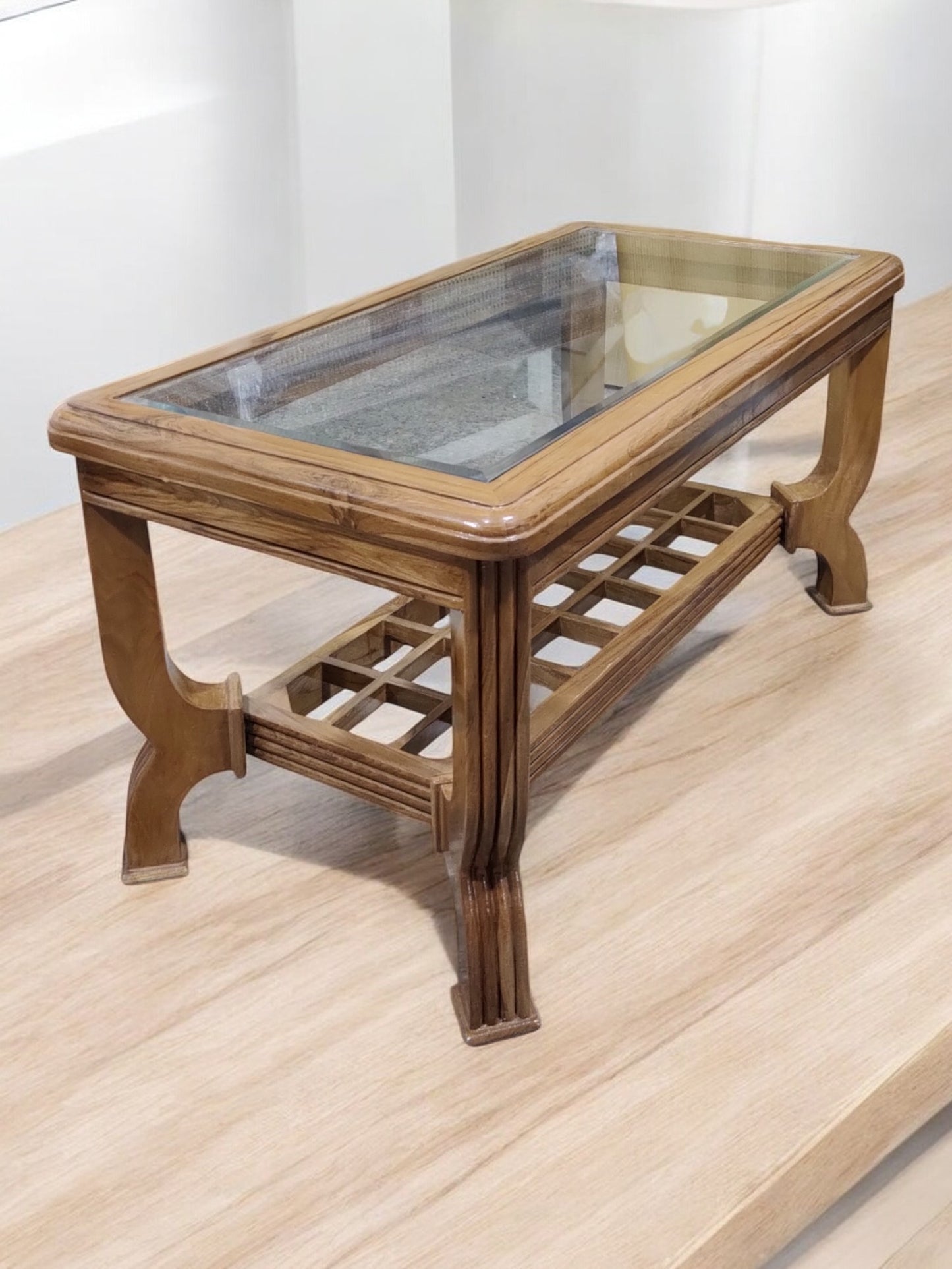 Handcrafted Solid Teak Wood Coffee Table with Elegant Glass Top, Light Walnut Finish, Semi-Matt Polish, Modern Living Room Furniture