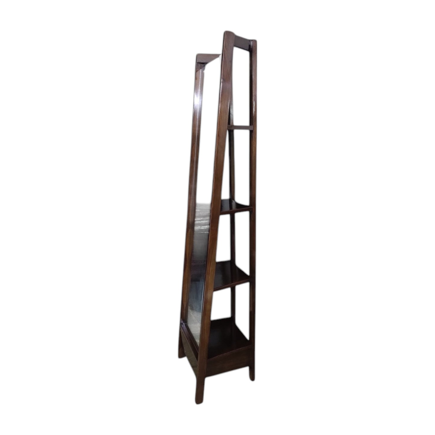 Full Length Standing Mirror with Storage Shelves,Teak Wood Frame, Dark Brown, 4-Tier Display Unit, pre Assembled