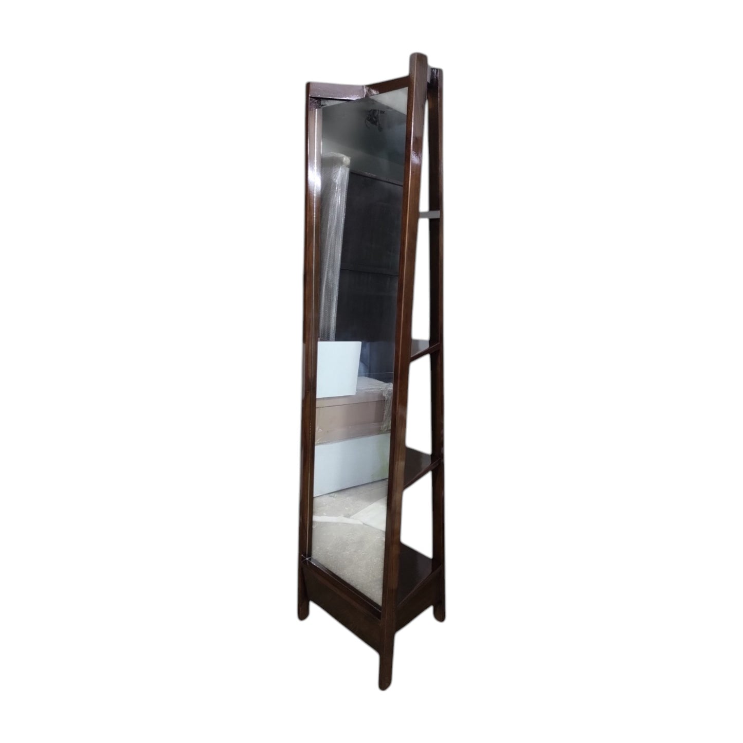 Full Length Standing Mirror with Storage Shelves,Teak Wood Frame, Dark Brown, 4-Tier Display Unit, pre Assembled