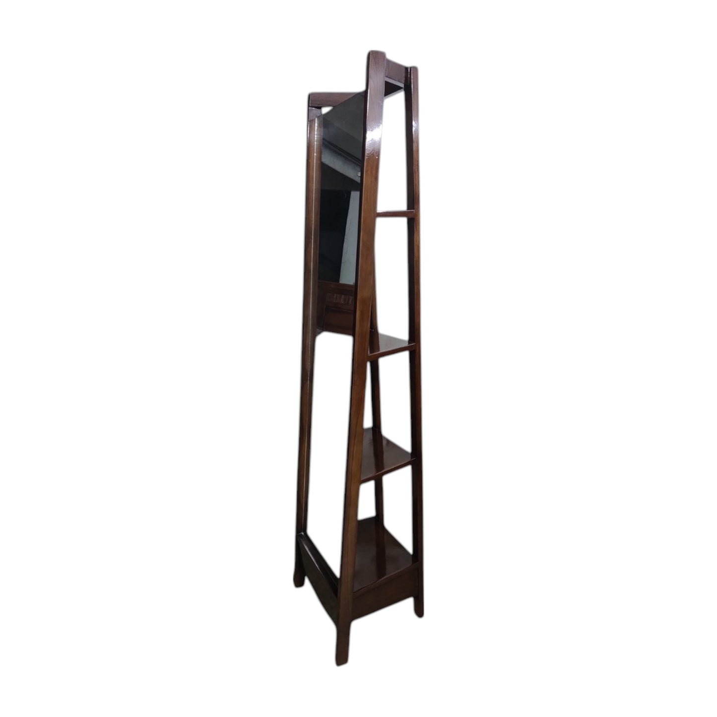 Full Length Standing Mirror with Storage Shelves,Teak Wood Frame, Dark Brown, 4-Tier Display Unit, pre Assembled