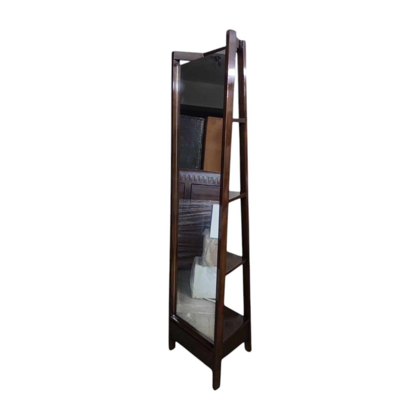 Full Length Standing Mirror with Storage Shelves,Teak Wood Frame, Dark Brown, 4-Tier Display Unit, pre Assembled