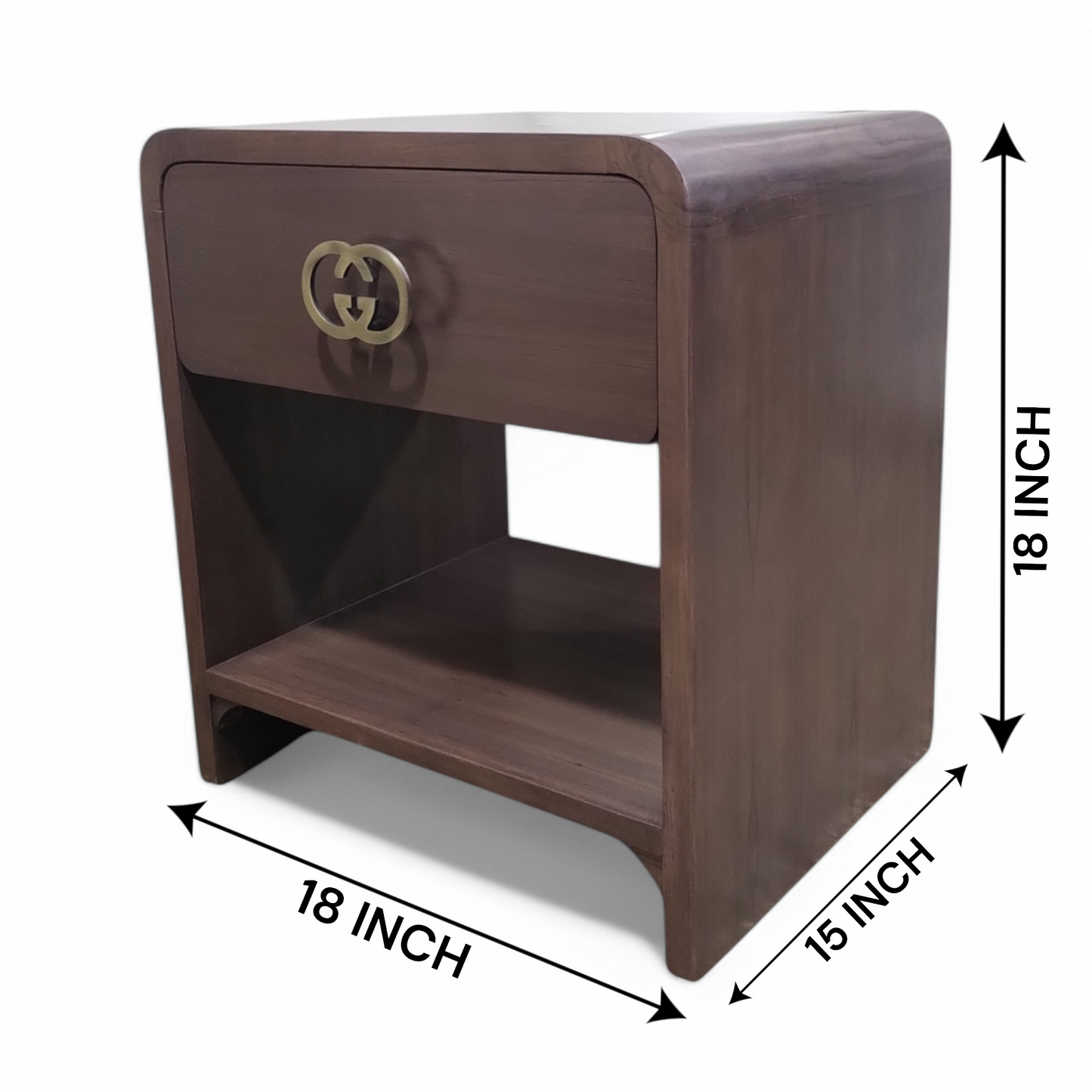 Wooden Bedside Table with Drawer and Open Shelf, Brown Finish, 18x15x18 Inch Nightstand with Decorative Hardware