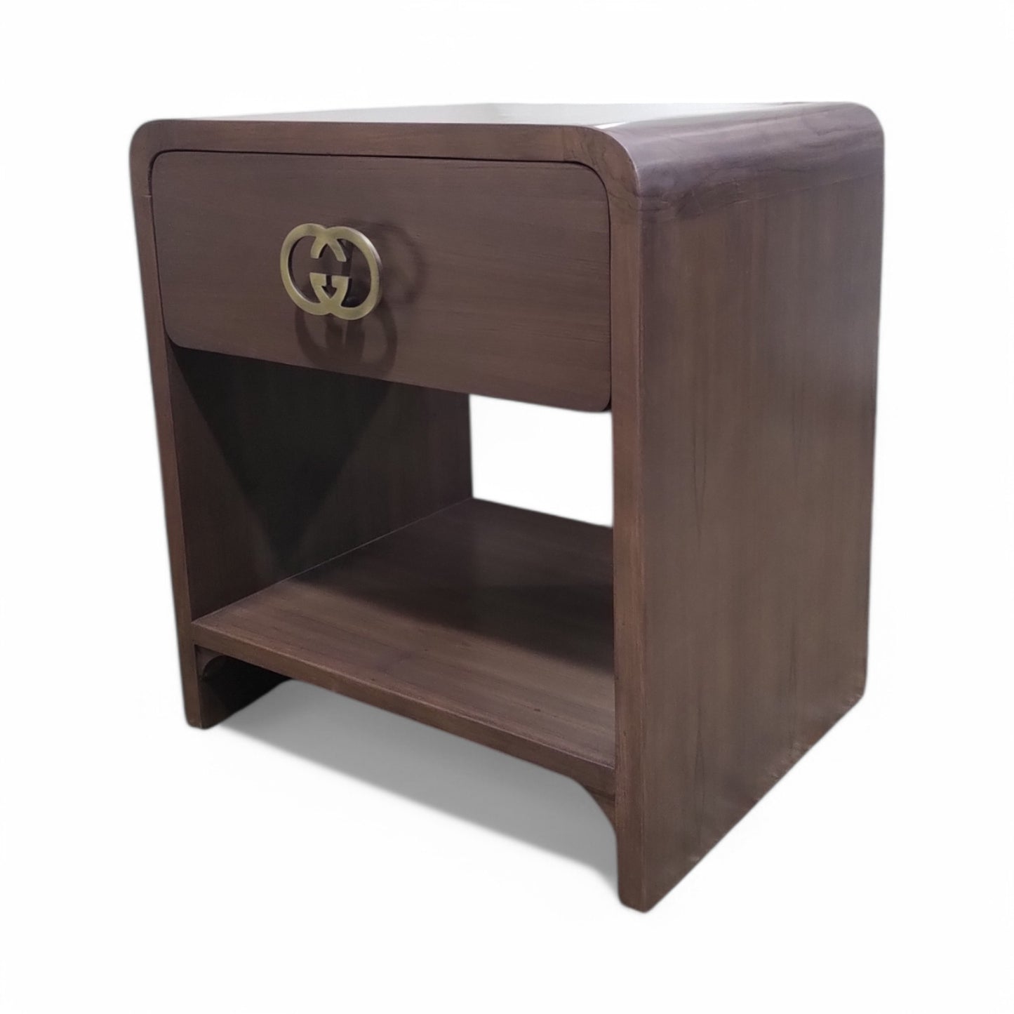 Wooden Bedside Table with Drawer and Open Shelf, Brown Finish, 18x15x18 Inch Nightstand with Decorative Hardware