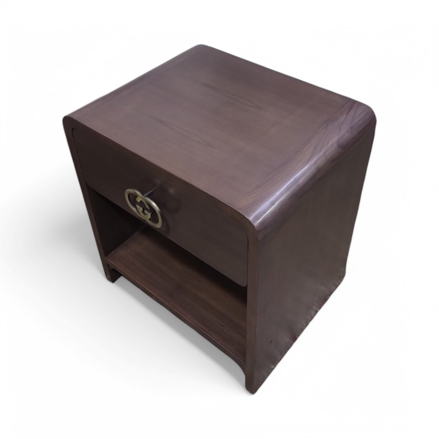 Wooden Bedside Table with Drawer and Open Shelf, Brown Finish, 18x15x18 Inch Nightstand with Decorative Hardware