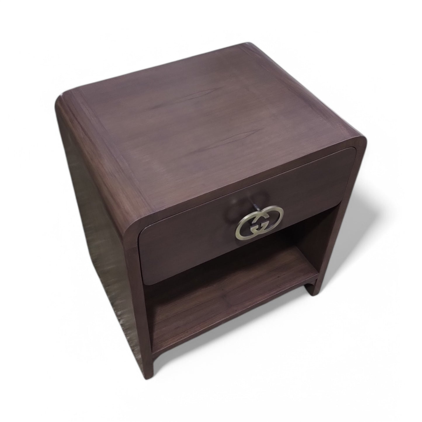 Wooden Bedside Table with Drawer and Open Shelf, Brown Finish, 18x15x18 Inch Nightstand with Decorative Hardware