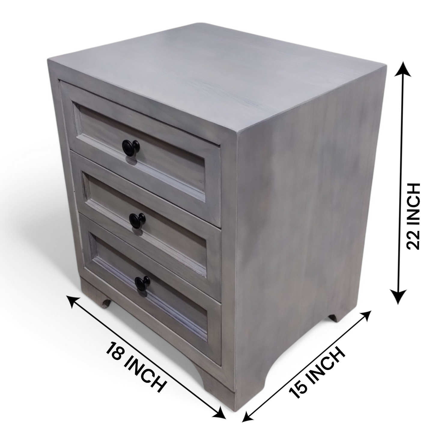 Premium Solid Teak Wood 3-Drawer Chest in Rustic Grey Matt Finish – Contemporary Bedside Storage for Living and Bedroom