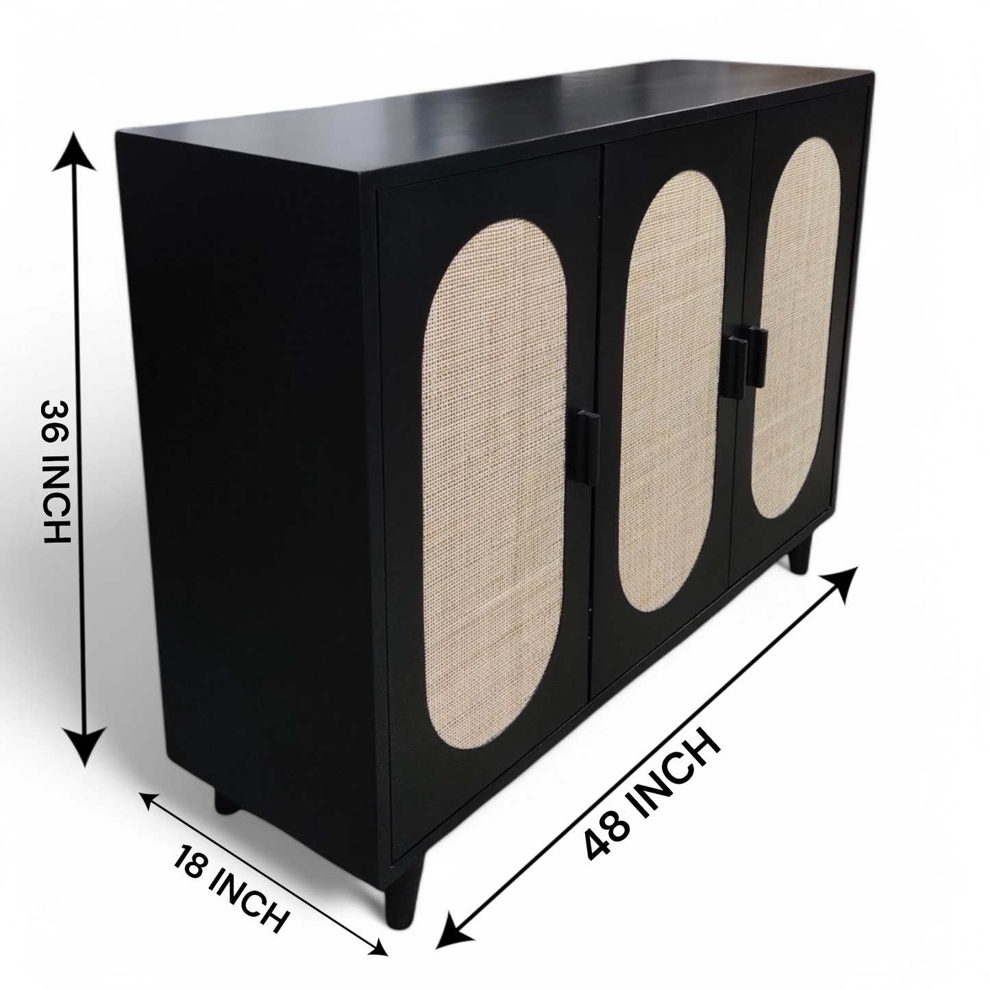 Black Storage Cabinet with Rattan Doors