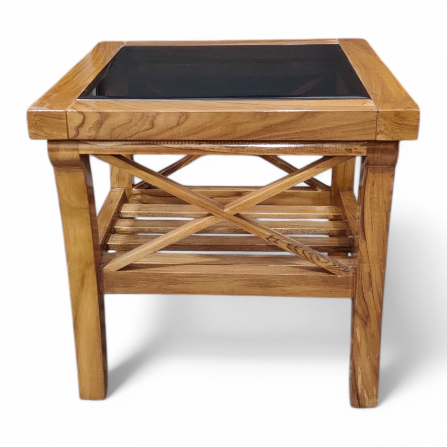 Teak Wood End Table with Glass Top