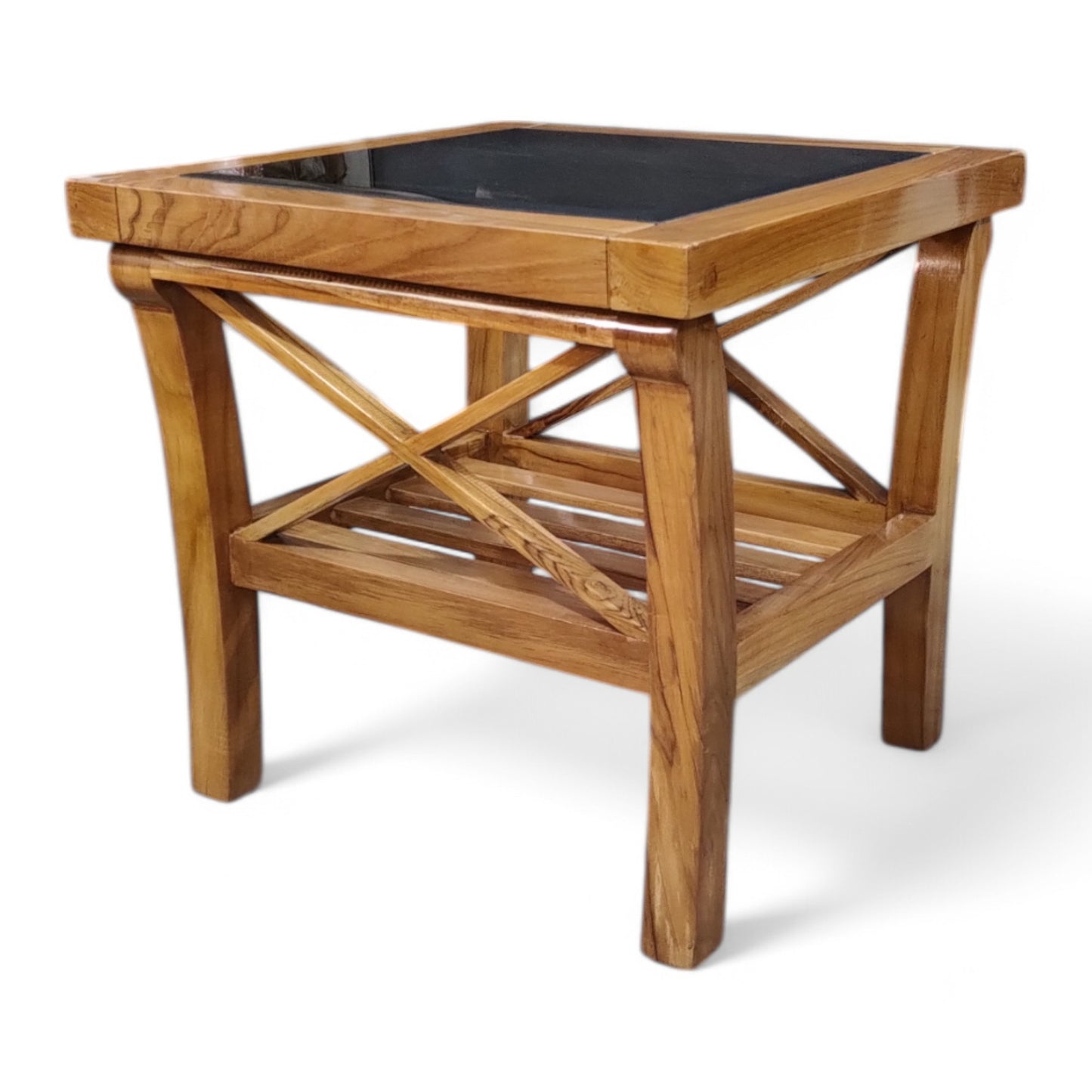 Teak Wood End Table with Glass Top