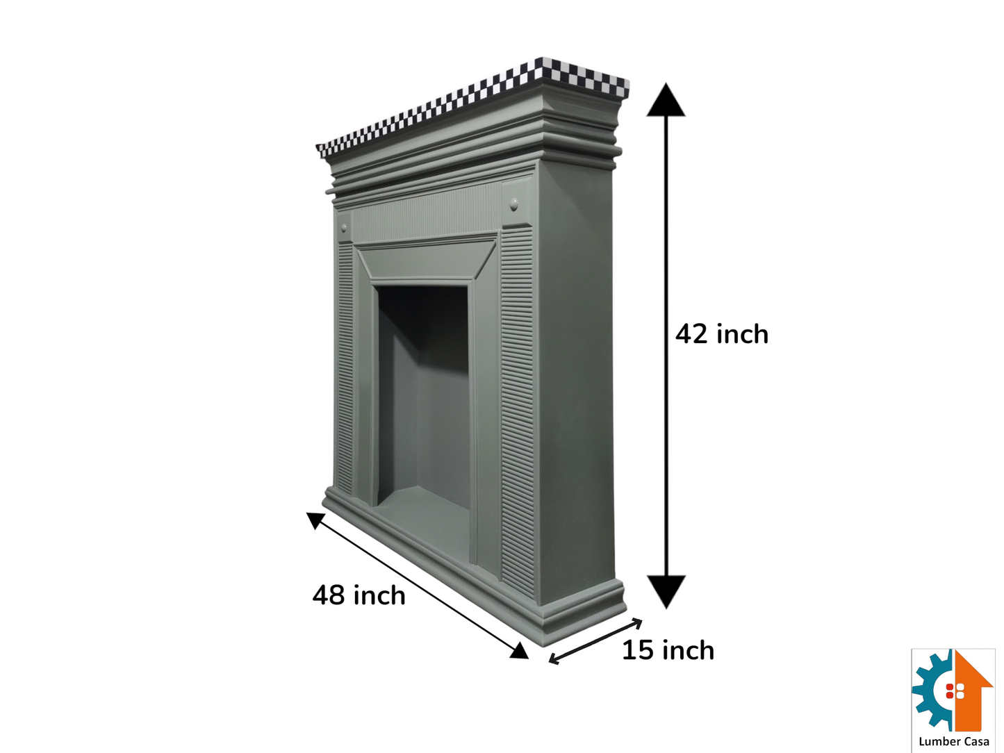 Lumber Casa Decorative Fireplace Mantel Surround, Sage Green with Checkered Detail, 48x15x42Inch