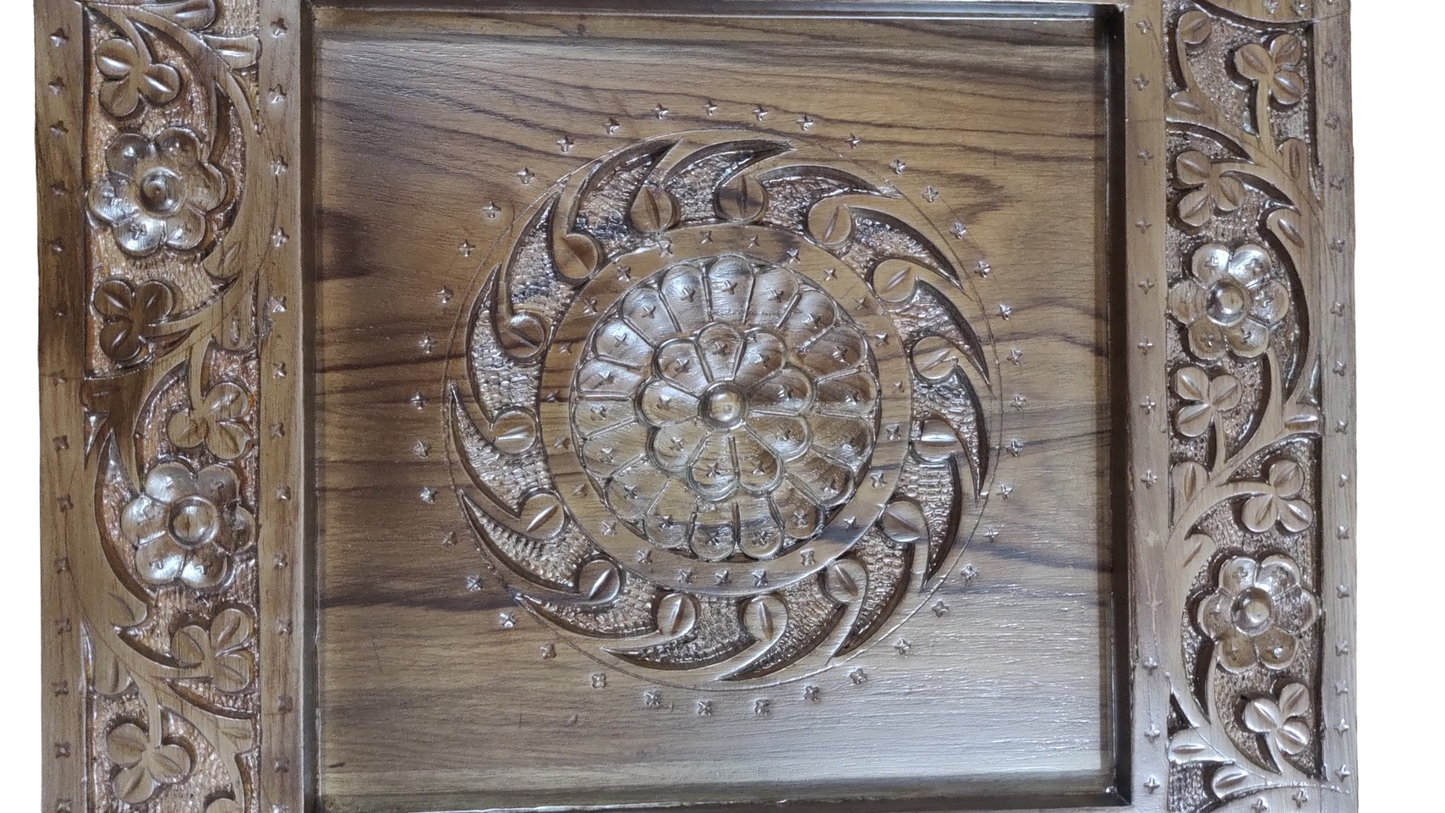 Lumber Casa Hand-Carved Wooden Side Table, Floral Mandala Design Solid Wood Side Table (Finish Color - mahogany colour, Pre-assembled)