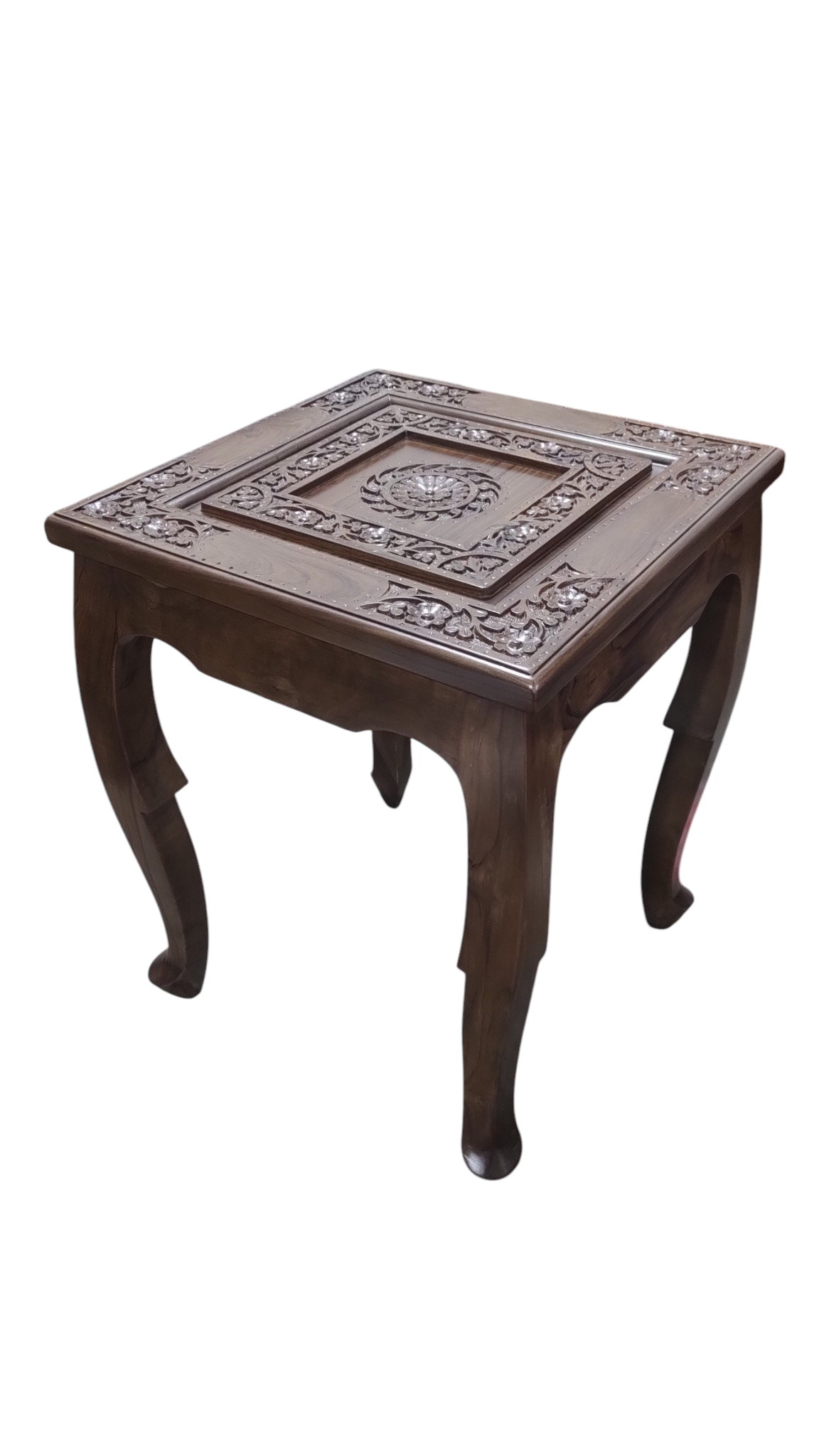 Lumber Casa Hand-Carved Wooden Side Table, Floral Mandala Design Solid Wood Side Table (Finish Color - mahogany colour, Pre-assembled)