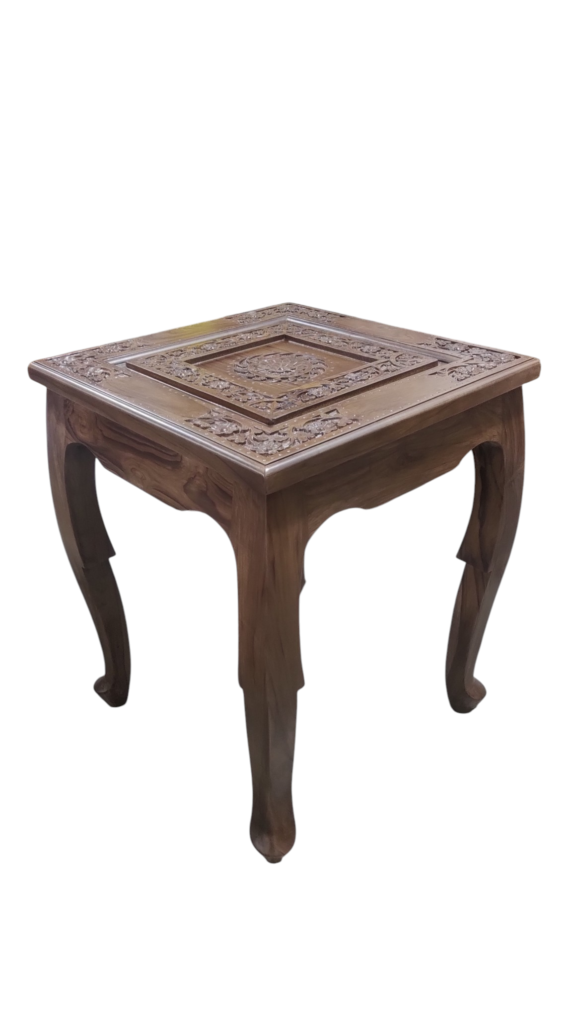 Lumber Casa Hand-Carved Wooden Side Table, Floral Mandala Design Solid Wood Side Table (Finish Color - mahogany colour, Pre-assembled)