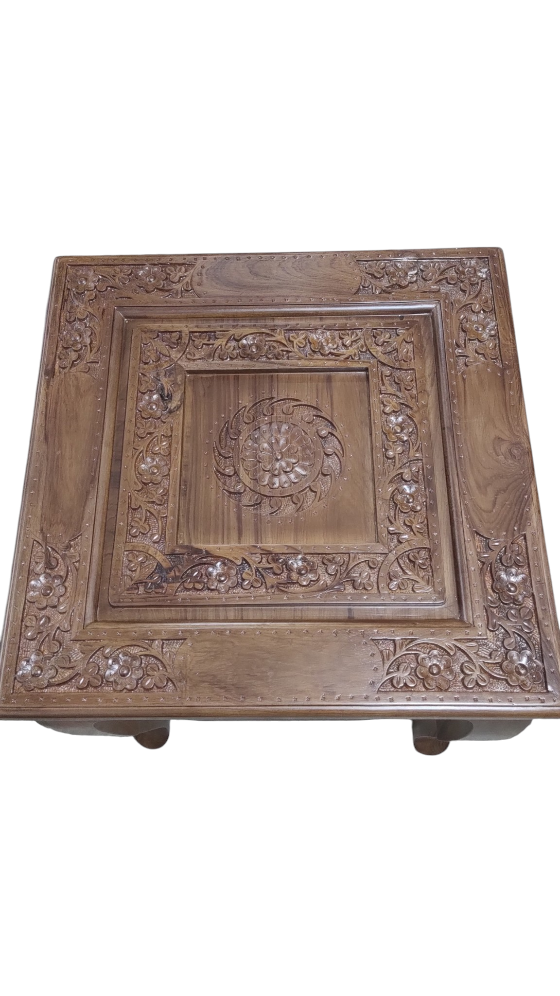 Lumber Casa Hand-Carved Wooden Side Table, Floral Mandala Design Solid Wood Side Table (Finish Color - mahogany colour, Pre-assembled)