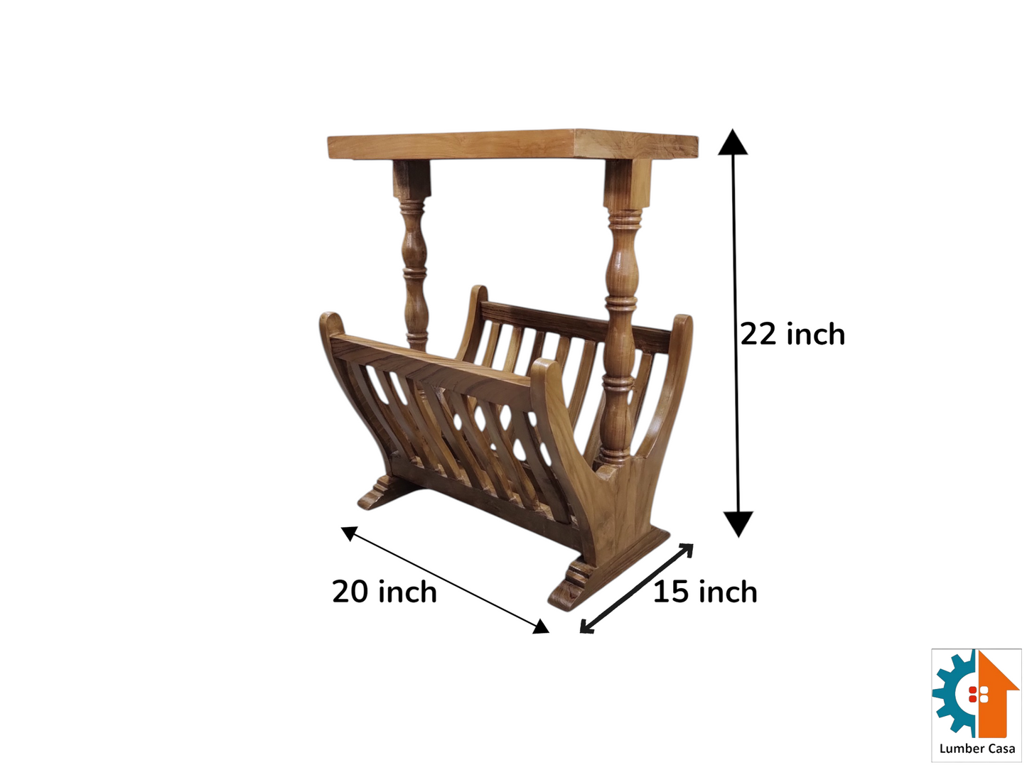 Lumber Casa MAXINE TABLE, Wooden Side Table with Glass Top and Magazine Rack, 20x15x22 Inch