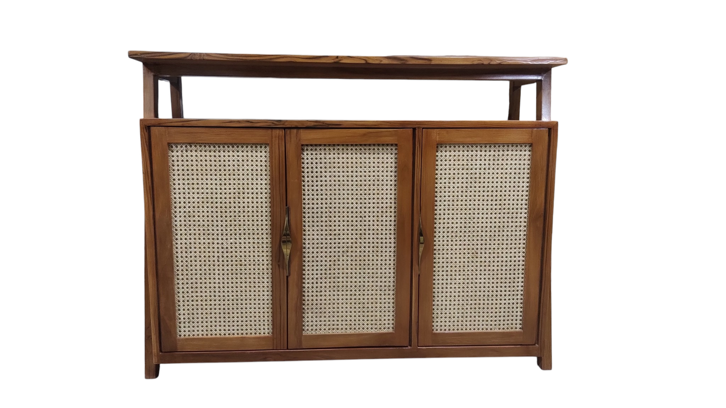 Premium Teak Wood & Rattan Cane CABINET with Semi-Matt Melamine Finish