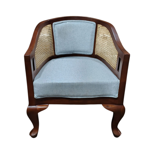 Rattan Cane Accent Chair with Blue Cushions