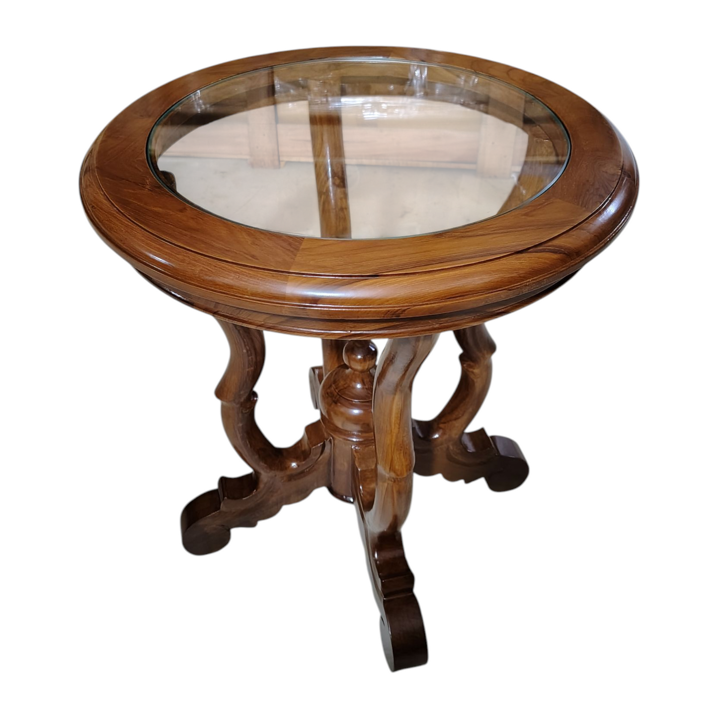 Lumber Casa Wooden Glass Top End Table, Light Walnut Finish