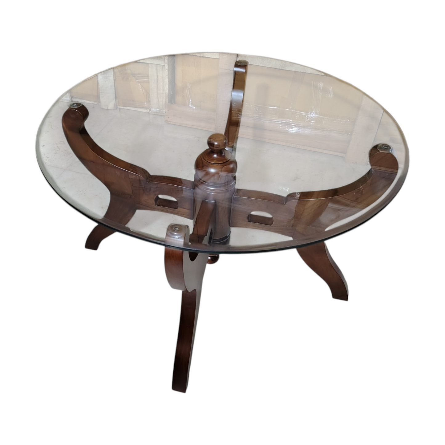Round Glass Top Coffee Table with Wooden Base