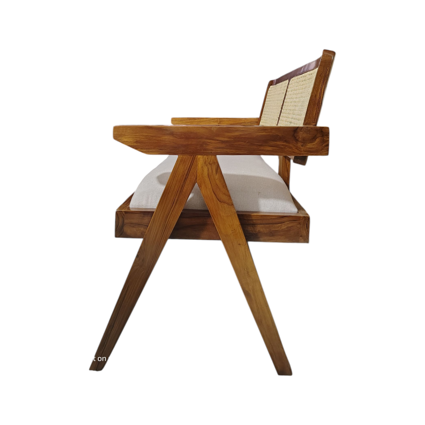Teak Wood Rattan Back 2-Seater Sofa, White Cushion, Natural Matte Finish
