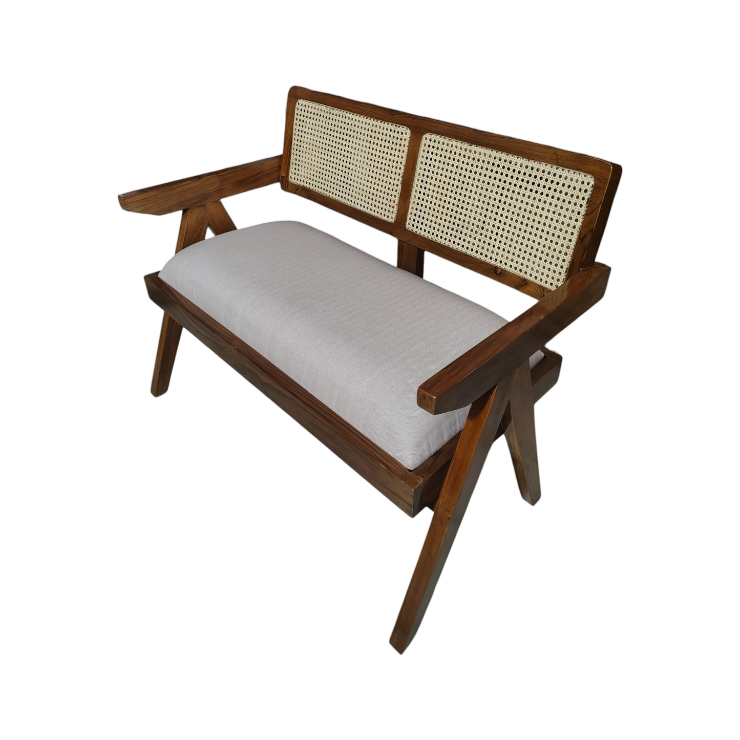 Teak Wood Rattan Back 2-Seater Sofa, White Cushion, Natural Matte Finish