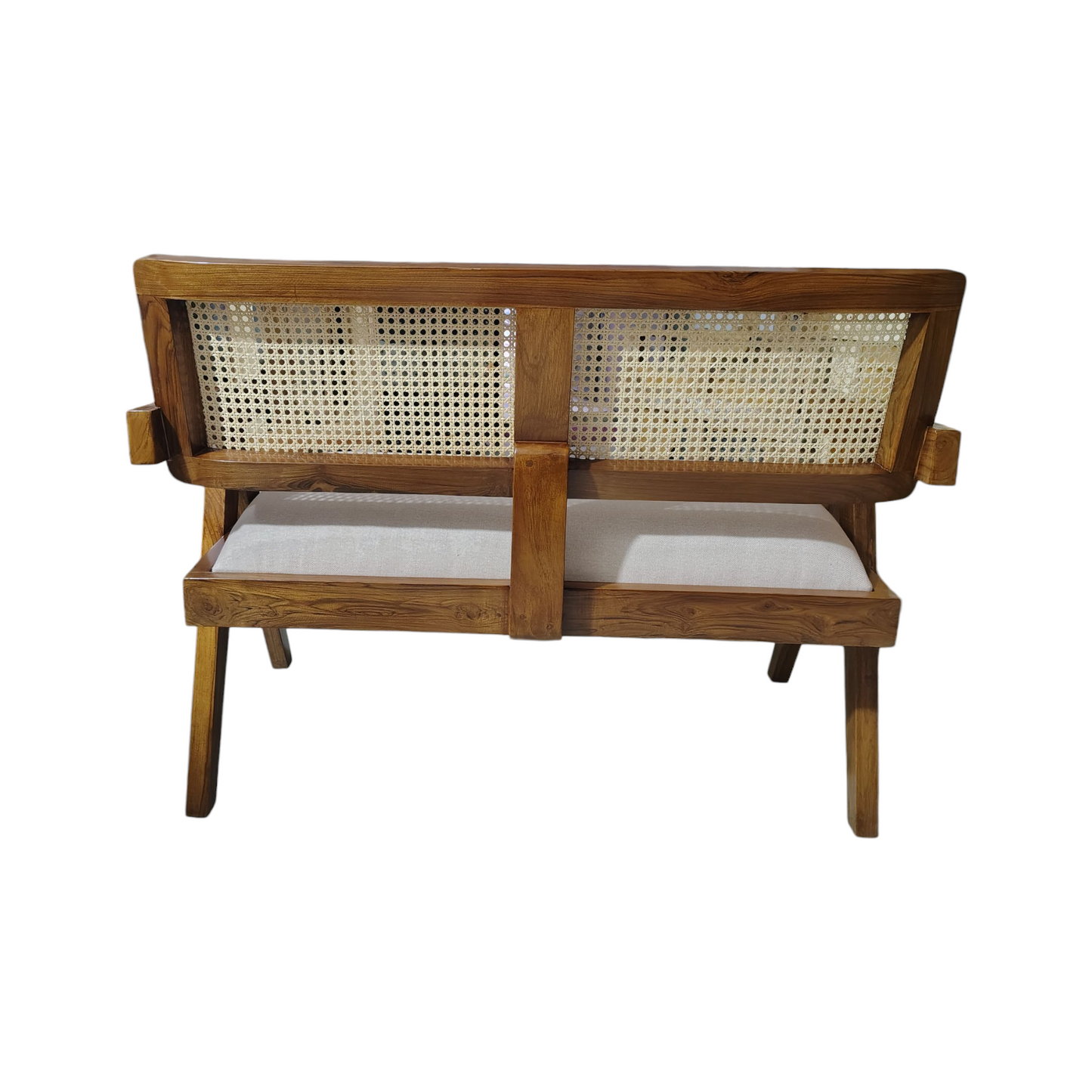 Teak Wood Rattan Back 2-Seater Sofa, White Cushion, Natural Matte Finish