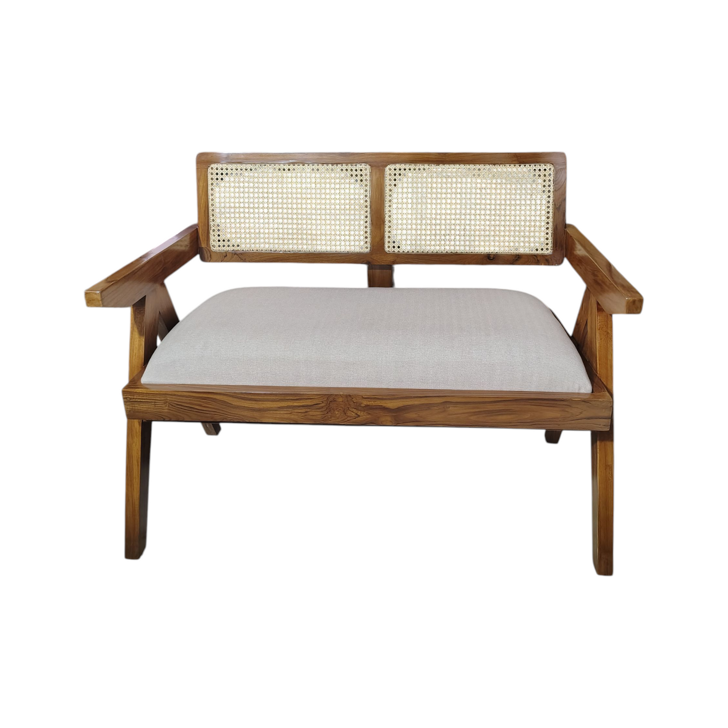 Teak Wood Rattan Back 2-Seater Sofa, White Cushion, Natural Matte Finish