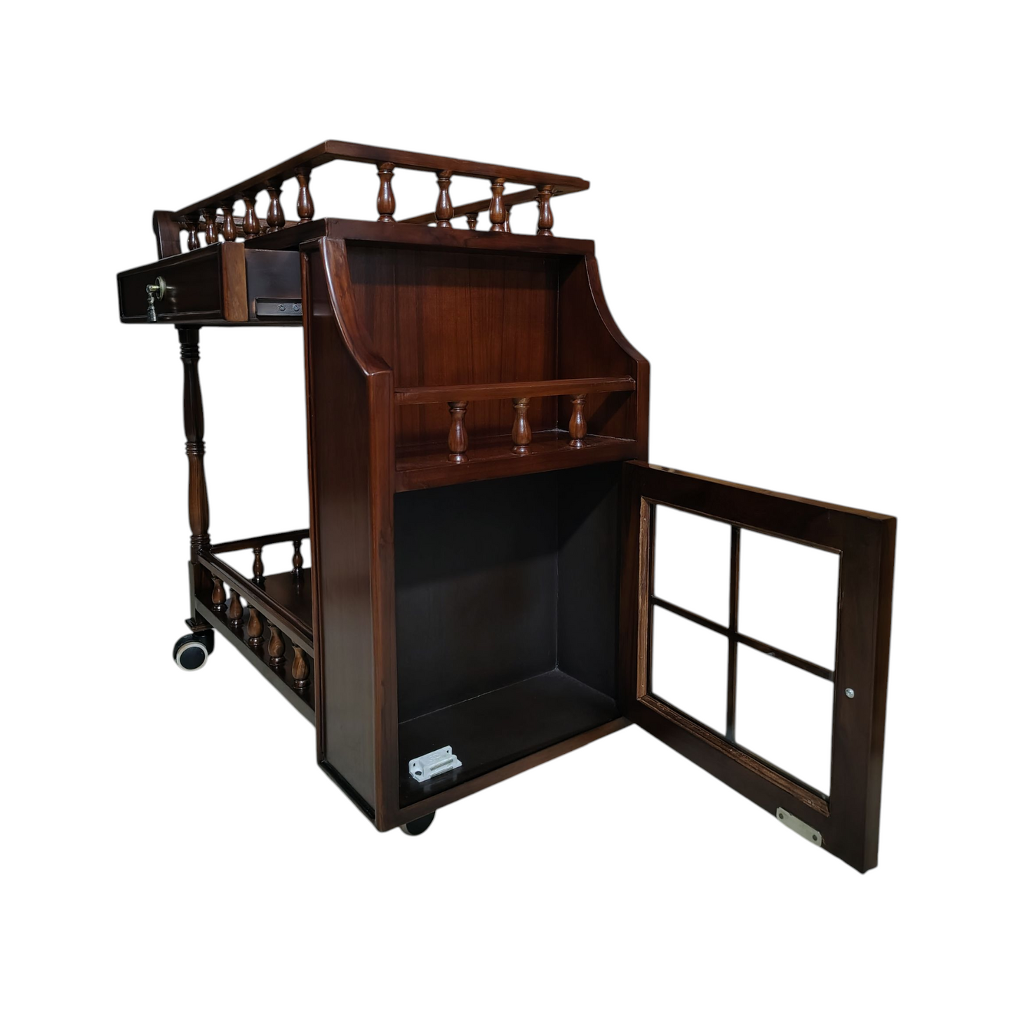 Solid Wood Bar Trolley with Shelves and Hooks, Light Walnut Finish, Pre-Assembled (Brown)