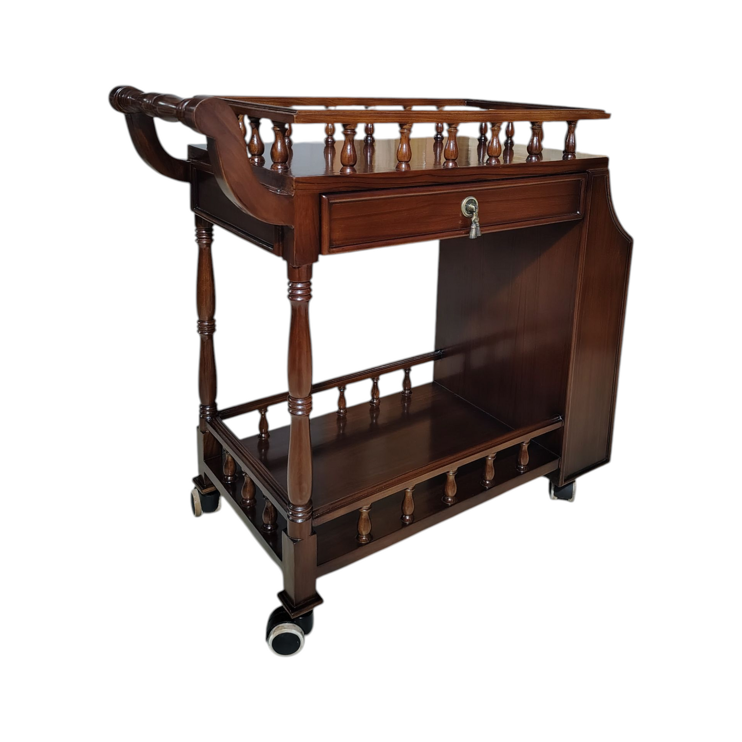 Solid Wood Bar Trolley with Shelves and Hooks, Light Walnut Finish, Pre-Assembled (Brown)
