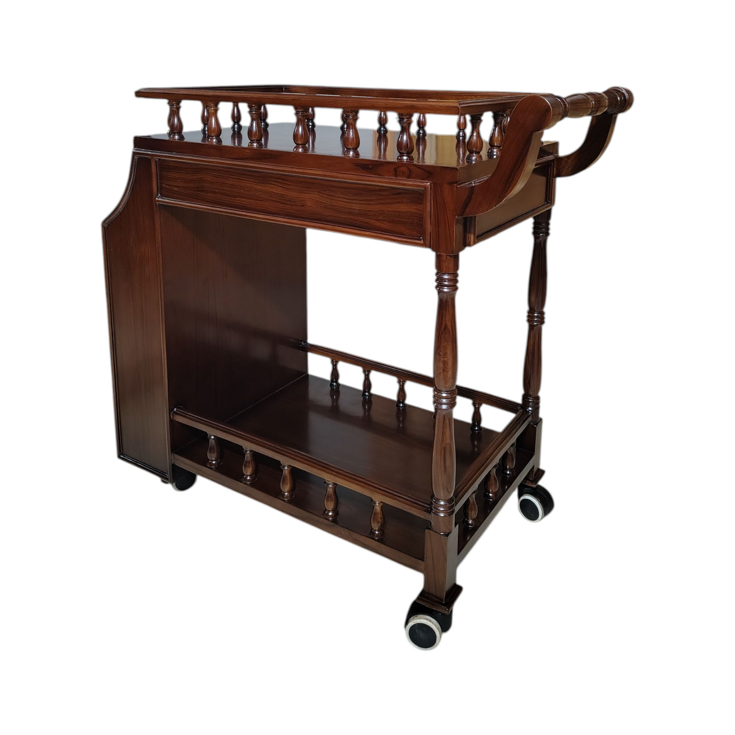 Solid Wood Bar Trolley with Shelves and Hooks, Light Walnut Finish, Pre-Assembled (Brown)