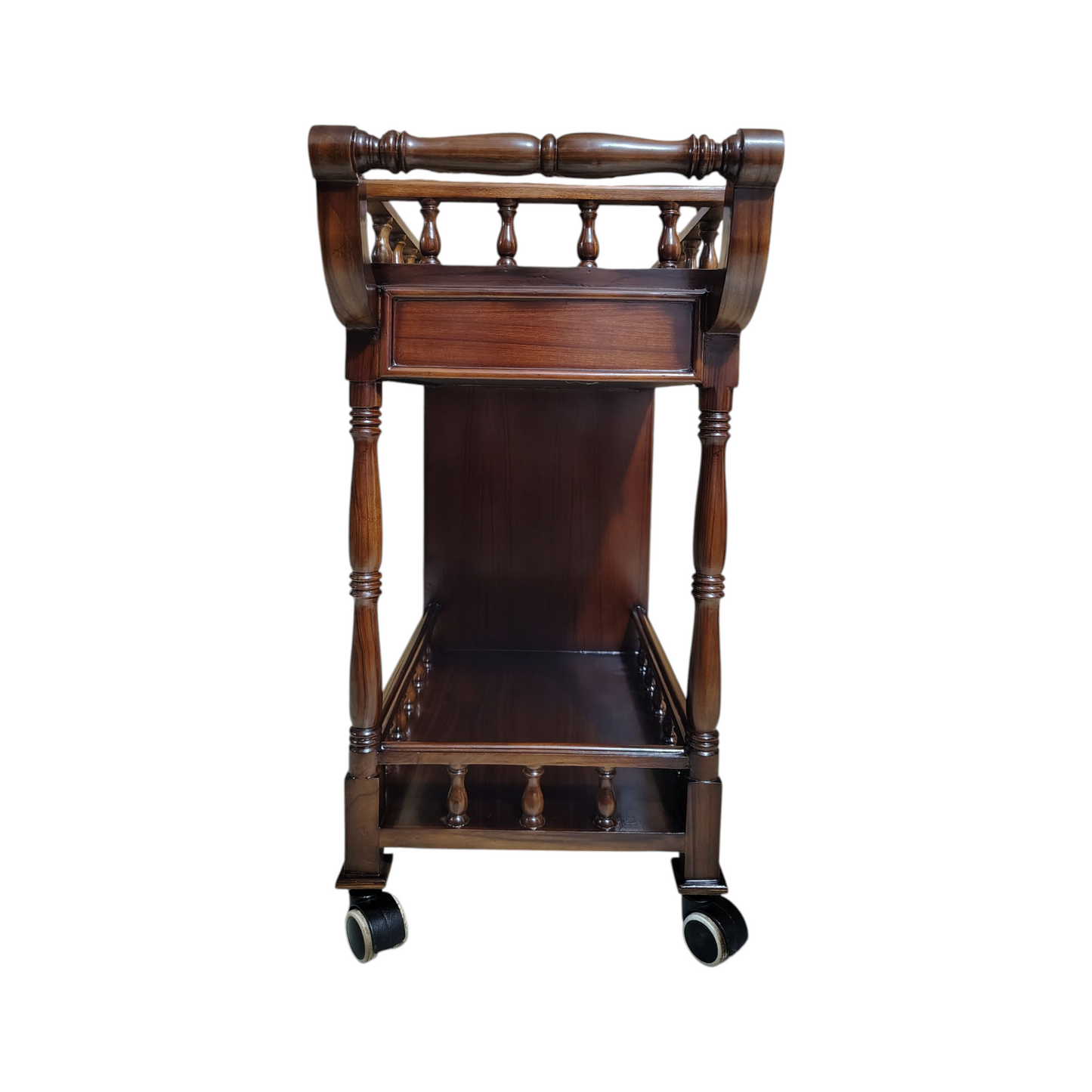 Solid Wood Bar Trolley with Shelves and Hooks, Light Walnut Finish, Pre-Assembled (Brown)