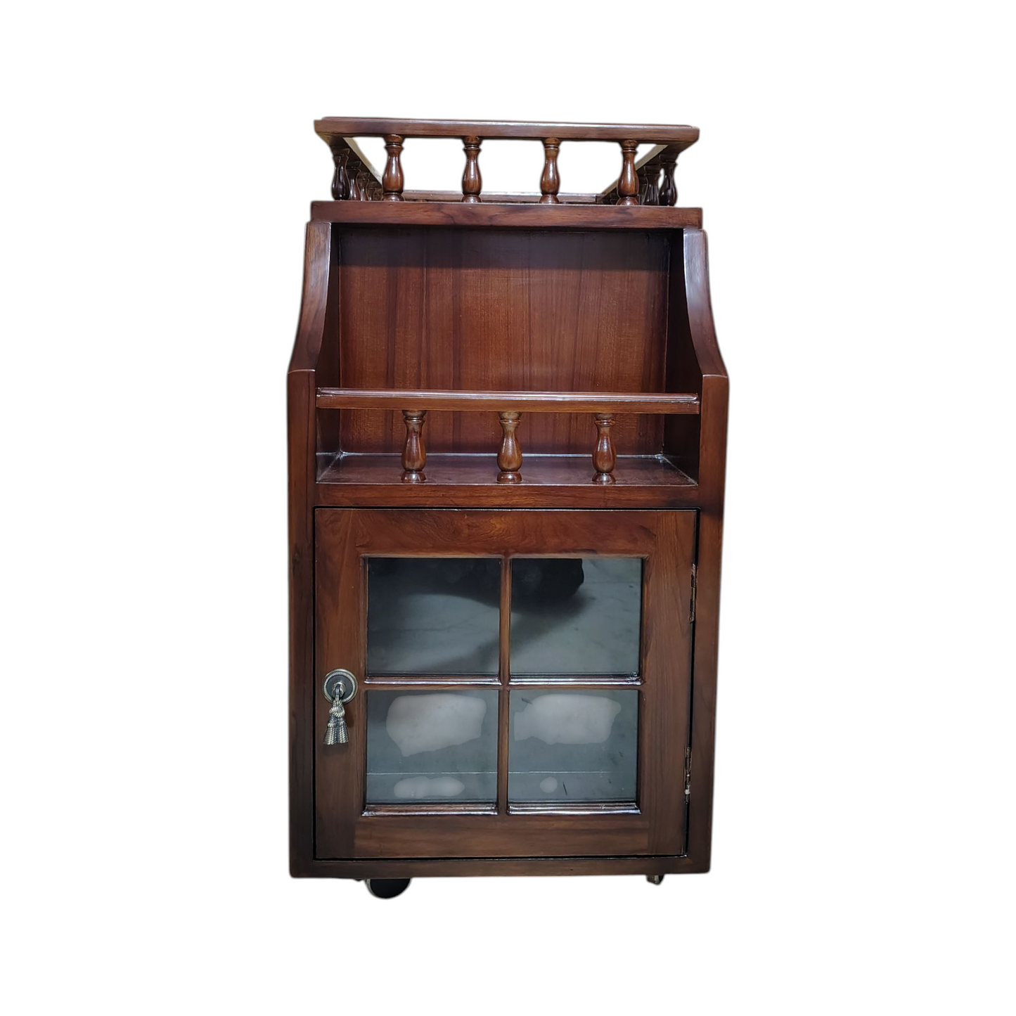 Solid Wood Bar Trolley with Shelves and Hooks, Light Walnut Finish, Pre-Assembled (Brown)