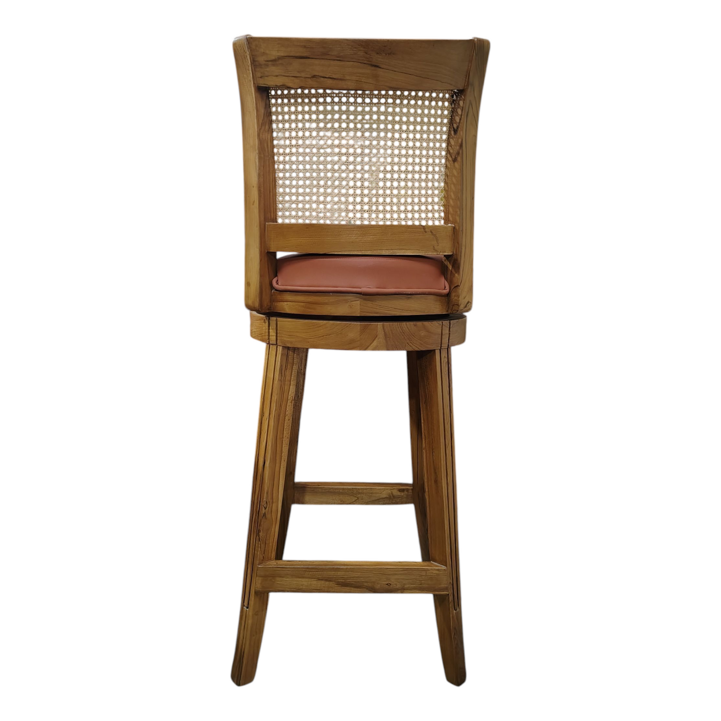 Teak Wood Bar Chair with Rattan Back, premium Design, Natural Melamine polish with premium semi matt Finish, with Cushioned Seat, Traditional Style Brand LUMBER CASA