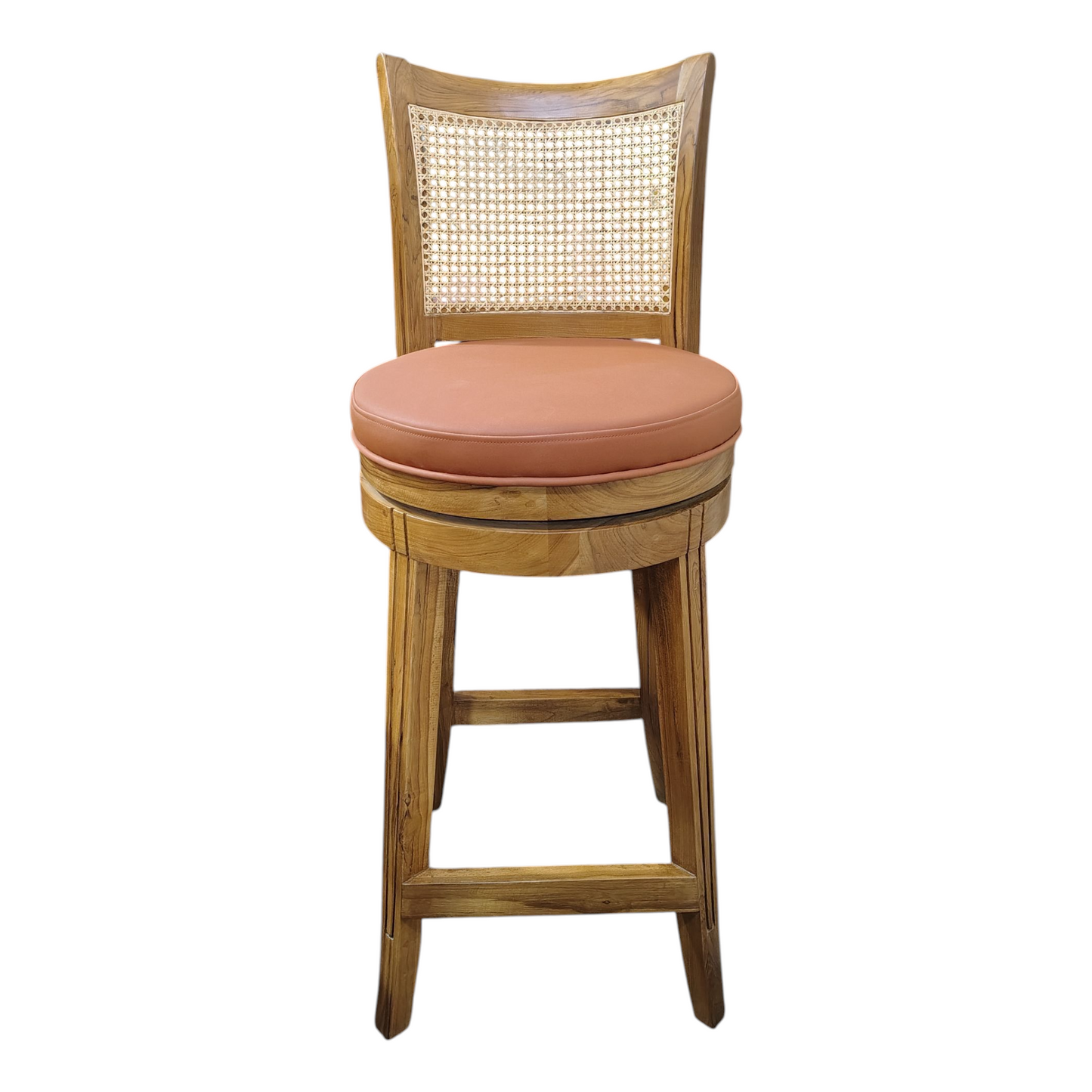 Teak Wood Bar Chair with Rattan Back, premium Design, Natural Melamine polish with premium semi matt Finish, with Cushioned Seat, Traditional Style Brand LUMBER CASA