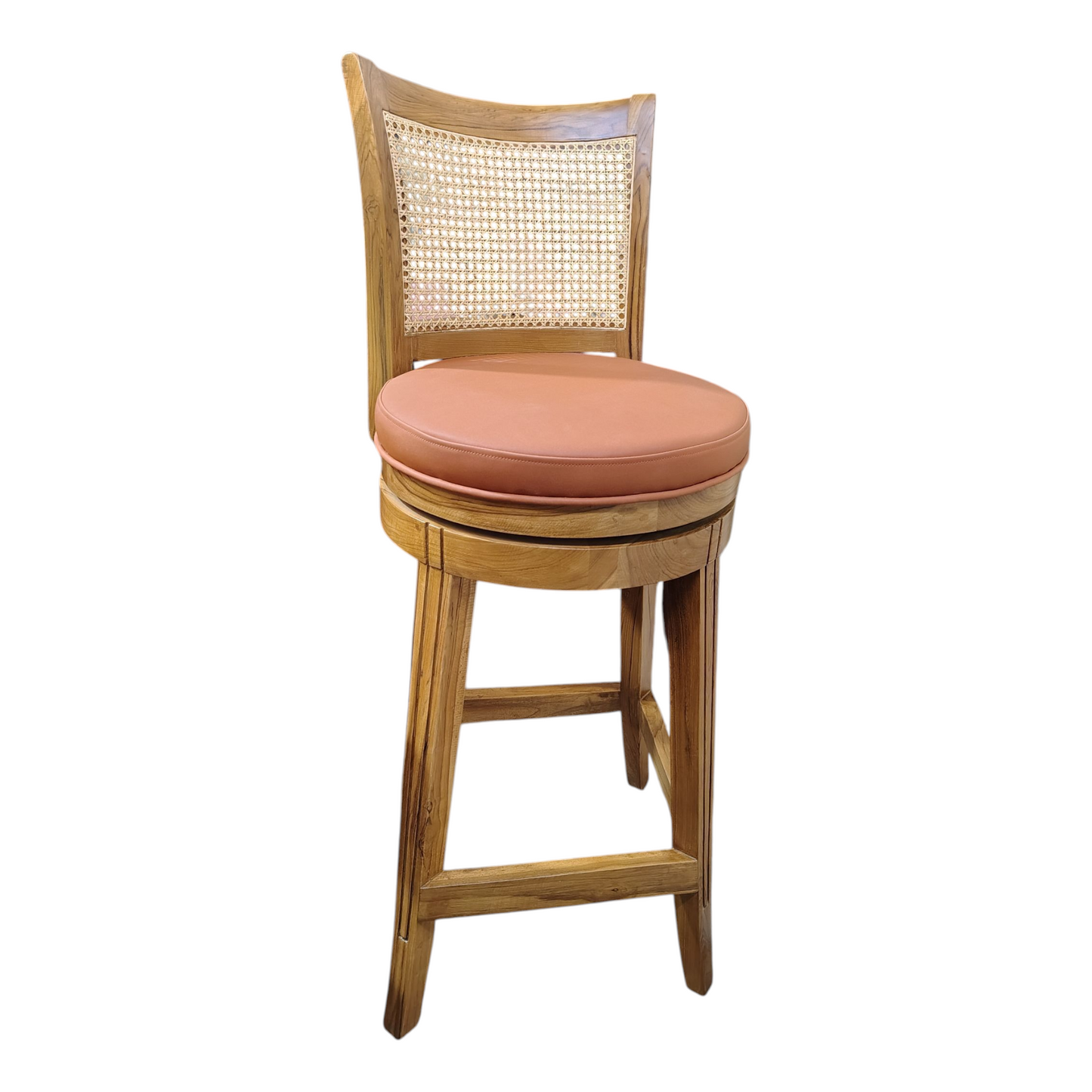 Teak Wood Bar Chair with Rattan Back, premium Design, Natural Melamine polish with premium semi matt Finish, with Cushioned Seat, Traditional Style Brand LUMBER CASA