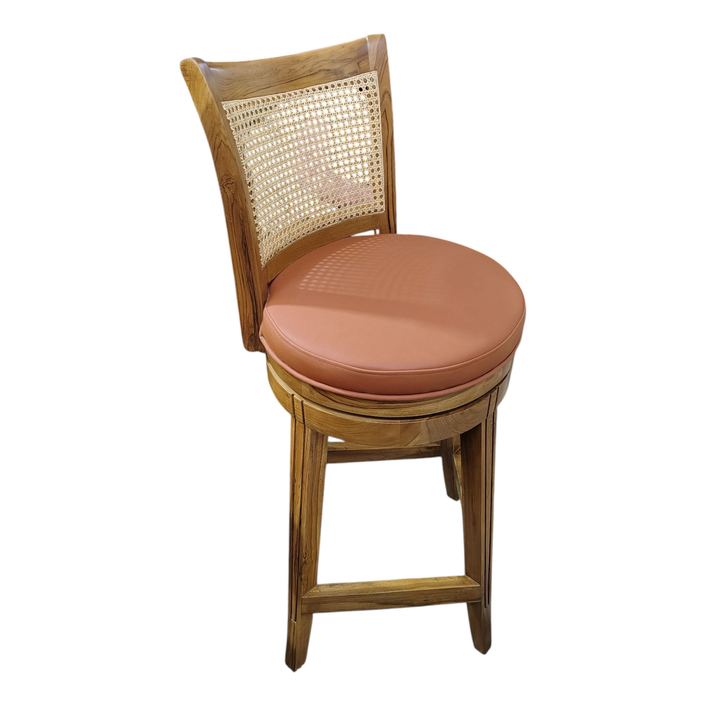 Teak Wood Bar Chair with Rattan Back, premium Design, Natural Melamine polish with premium semi matt Finish, with Cushioned Seat, Traditional Style Brand LUMBER CASA